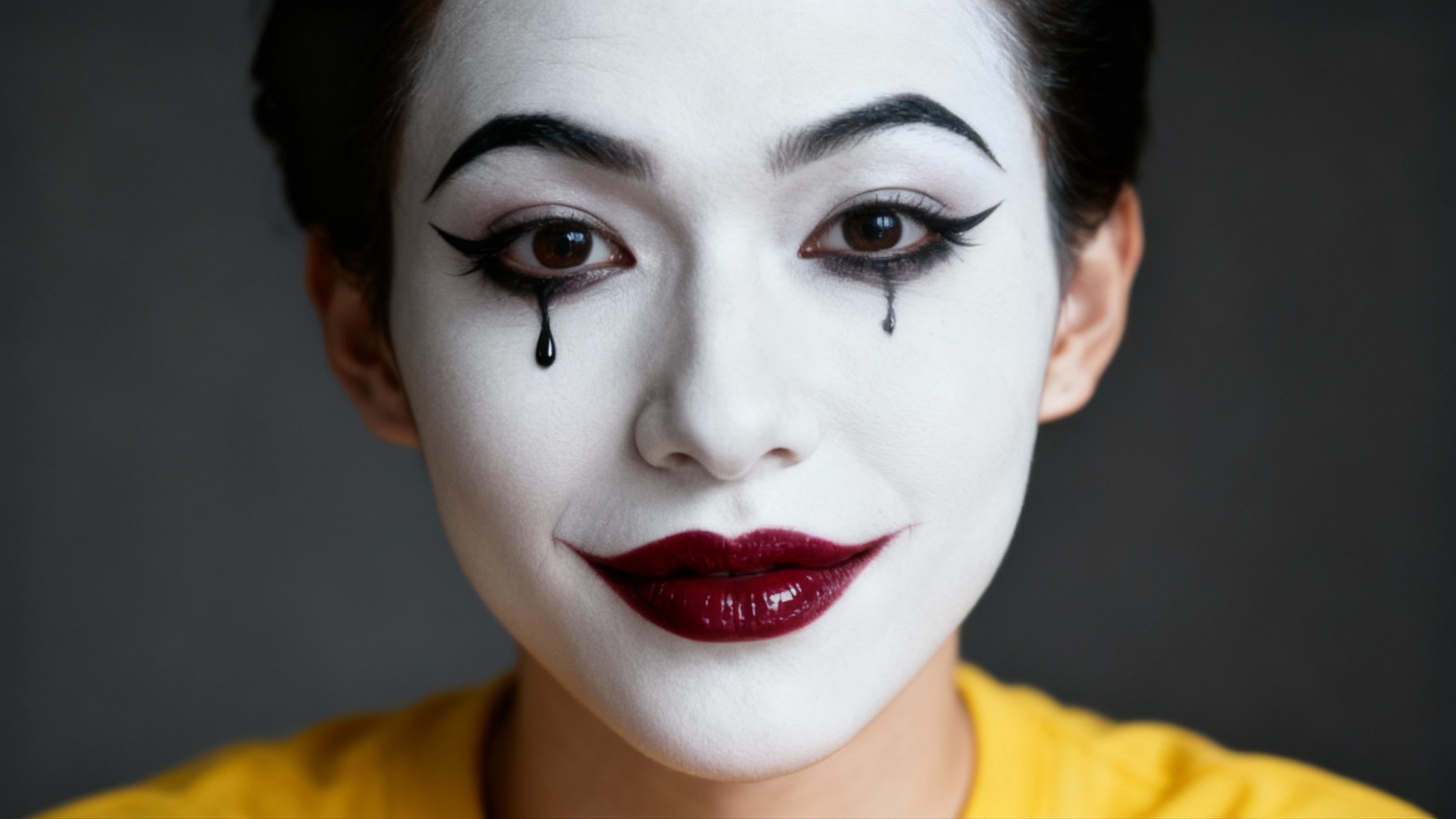 A hyper-realistic, eye-catching hero image of a woman with sophisticated clown makeup, featuring a white face, a single black tear, and dramatic lighting against a dark background.