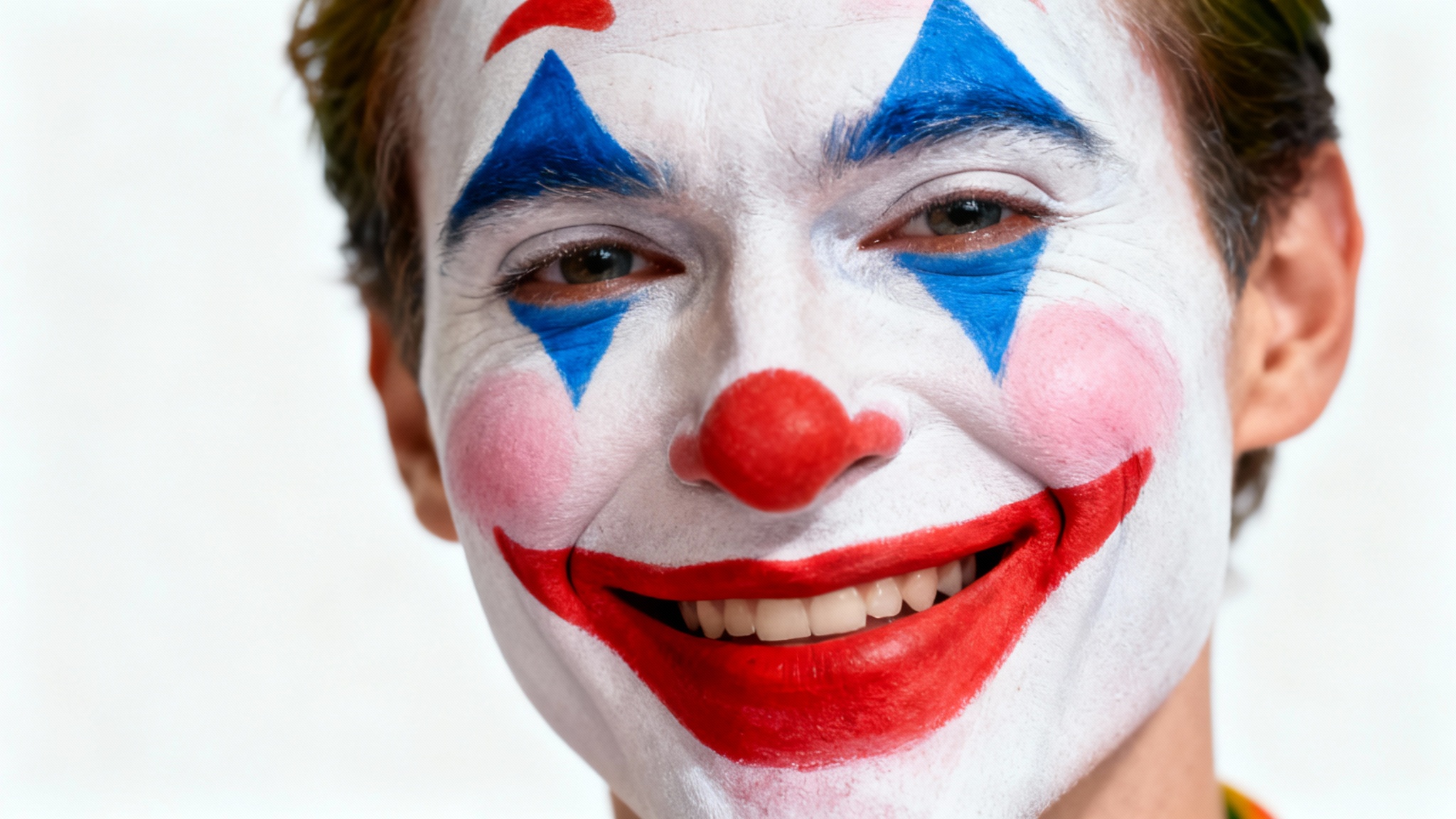 A high-detail close-up of a person's face with professionally applied happy clown makeup, showcasing a red smile and blue eye details against a clean white background.