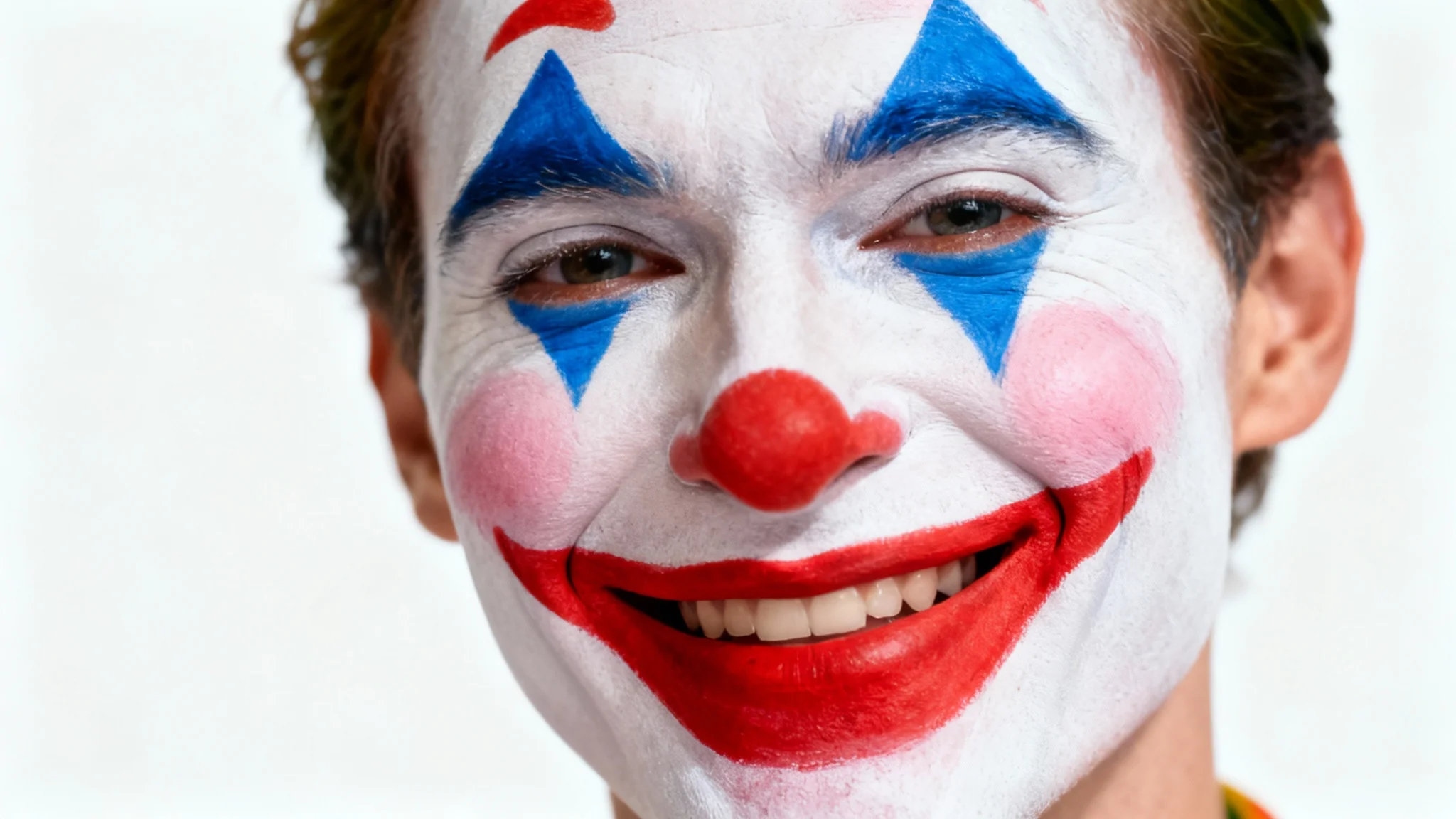 A high-detail close-up of a person's face with professionally applied happy clown makeup, showcasing a red smile and blue eye details against a clean white background.