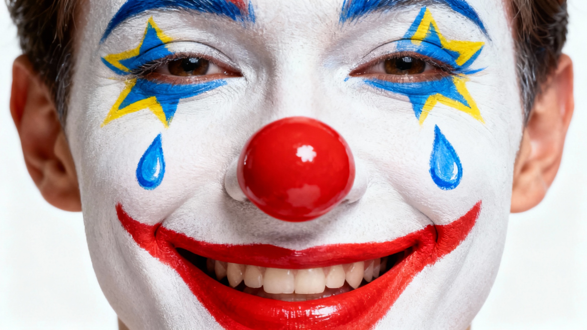 A close-up photograph of a person wearing vibrant and artistic clown makeup, including a red nose and a painted smile, set against a plain white background.