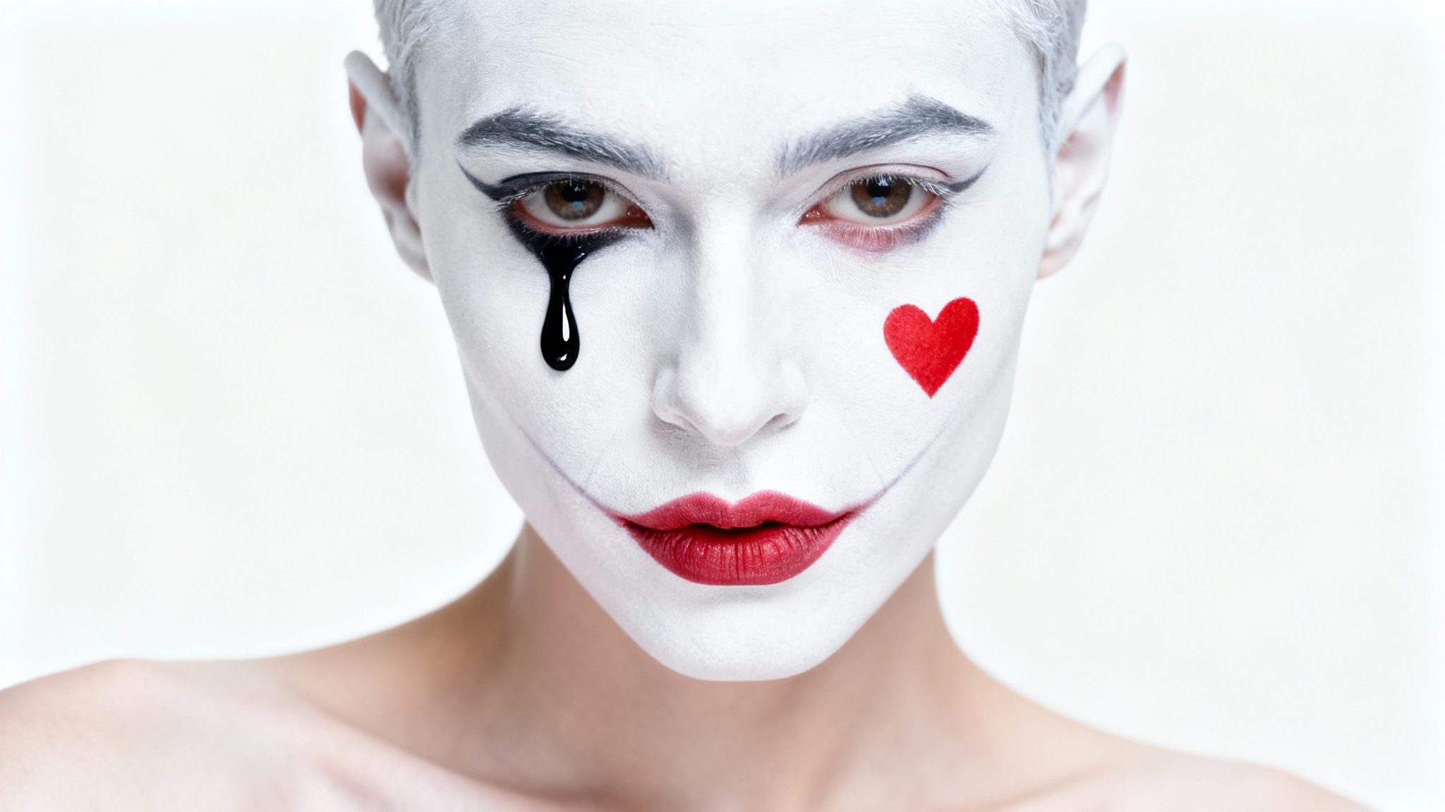 A close-up editorial-style photograph of a person's face with artistic clown makeup, featuring a white base, a black tear, and a red heart, set against a solid white background.