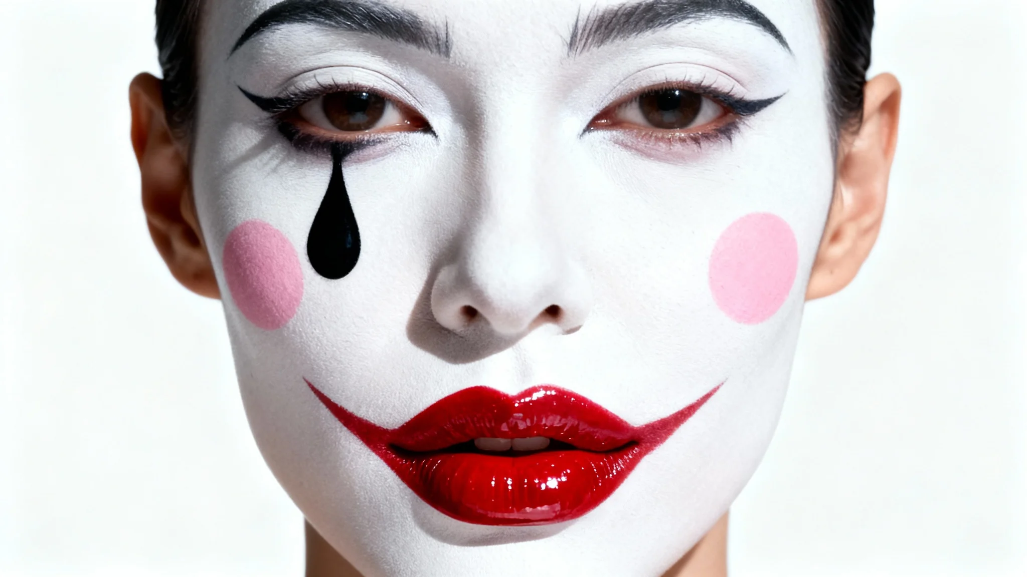A high-fashion portrait of a face with artistic clown makeup, featuring a white base, cherry red lips, and a single black teardrop, set against a plain white background.