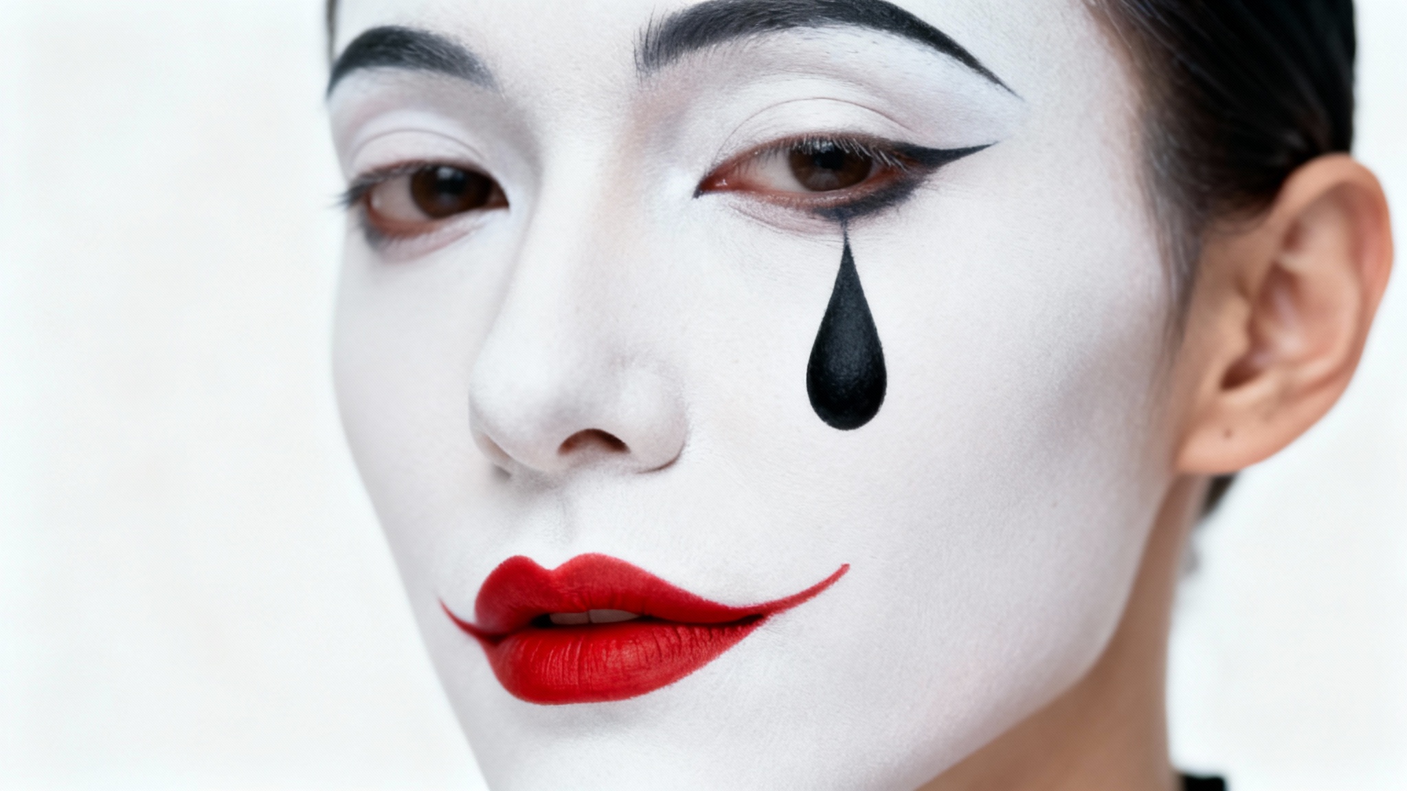 A photorealistic headshot of a person wearing artistic and minimalist clown makeup, with a white base and a single black tear, against a solid white background.