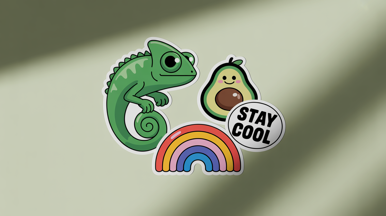 An eye-catching arrangement of custom-designed die-cut stickers on a clean surface, featuring a colorful cartoon chameleon, a smiling avocado, a rainbow, and a circular sticker with the text 'Stay Cool'.