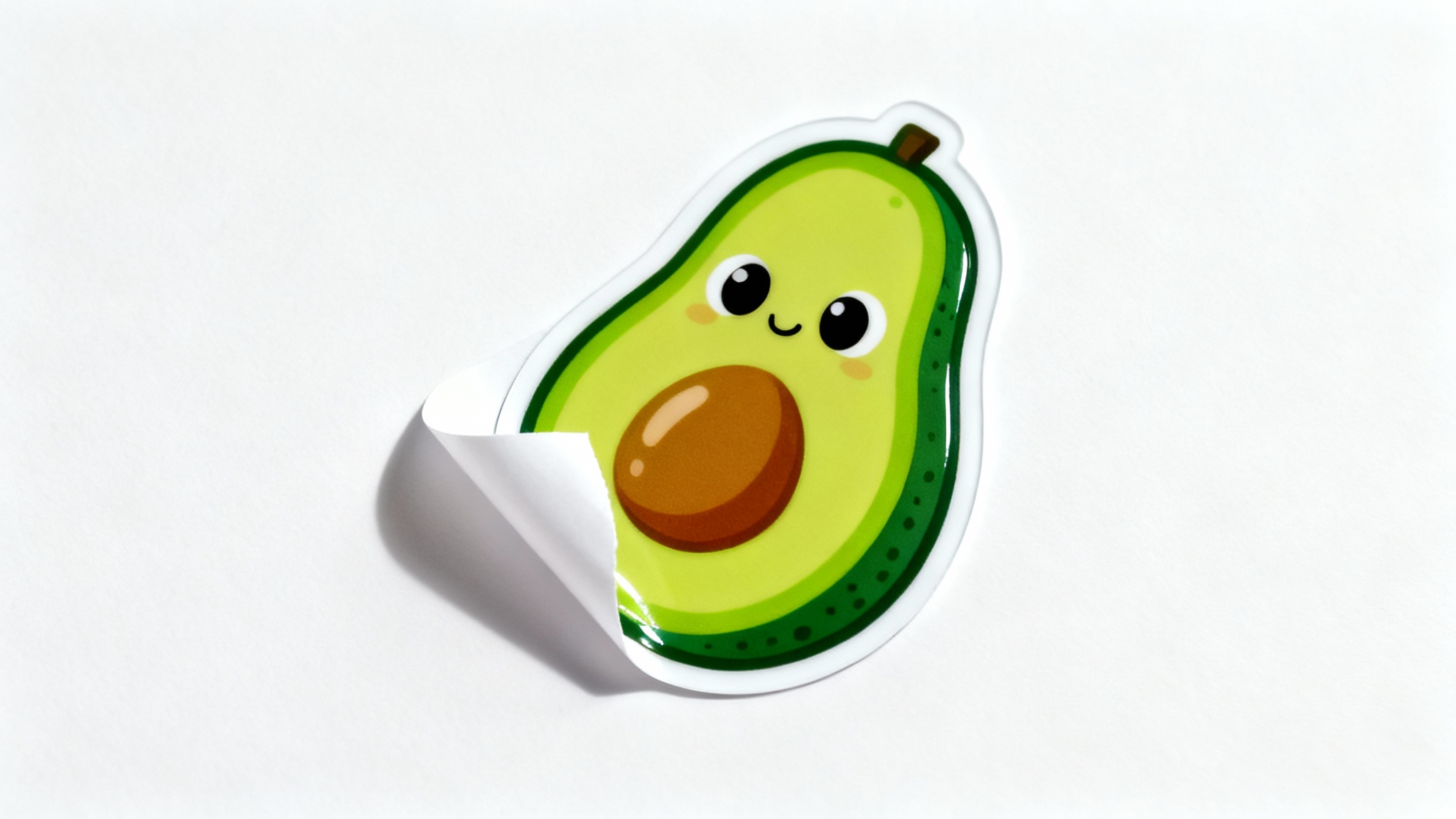 A cute die-cut sticker of a smiling cartoon avocado with a glossy finish, shown peeling slightly from its backing paper against a plain white background.