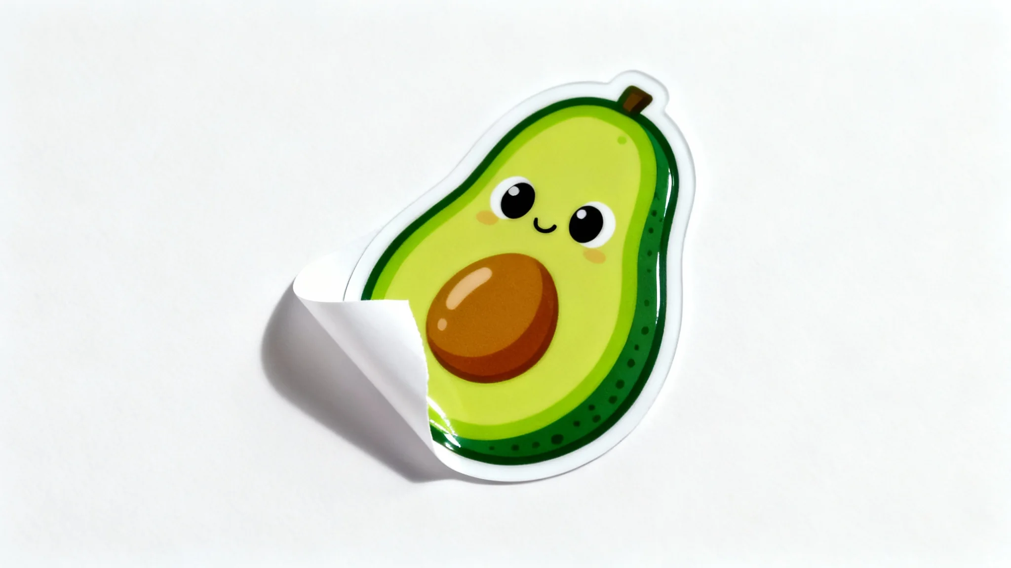 A cute die-cut sticker of a smiling cartoon avocado with a glossy finish, shown peeling slightly from its backing paper against a plain white background.