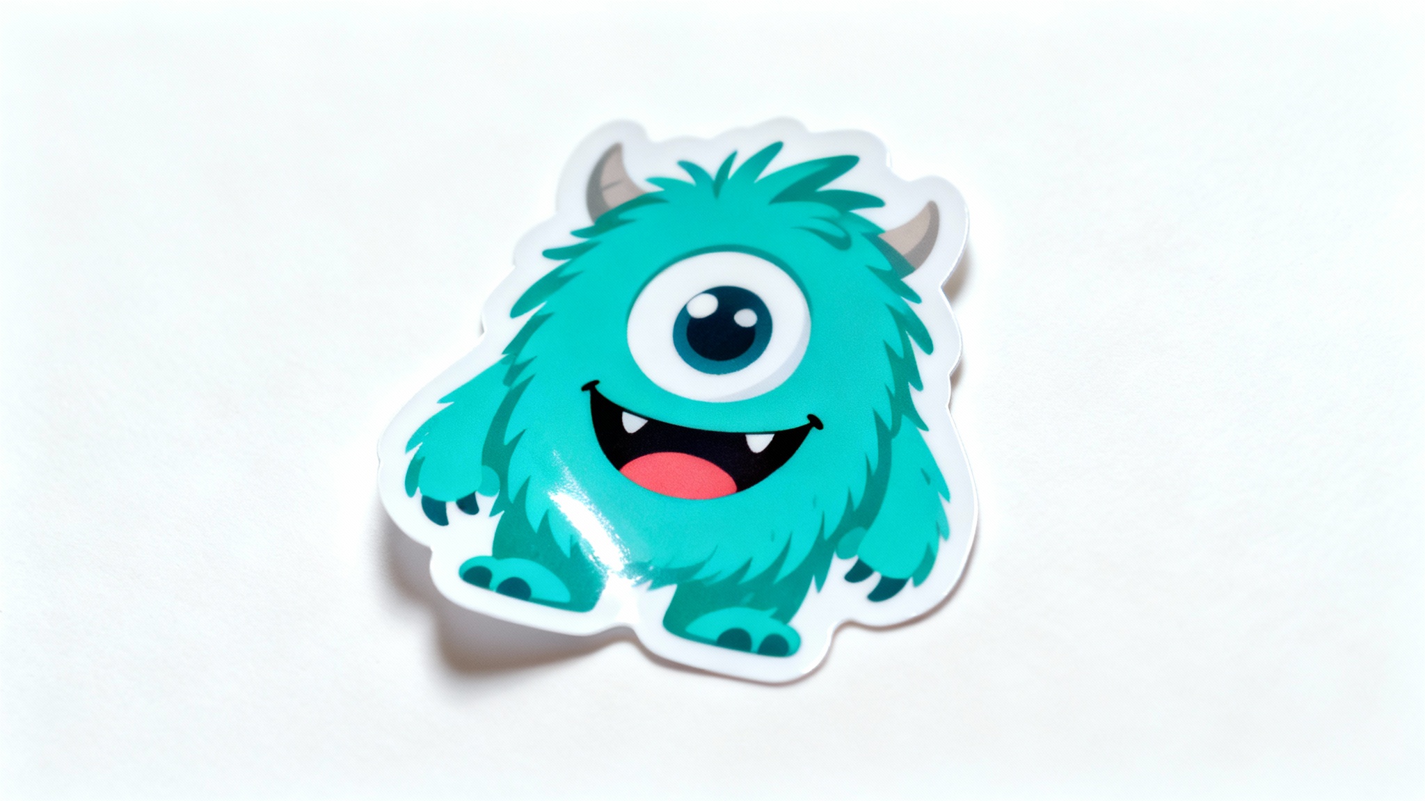A glossy, die-cut sticker of a friendly, one-eyed teal cartoon monster on a plain white background, showing off its custom shape and high-quality finish.