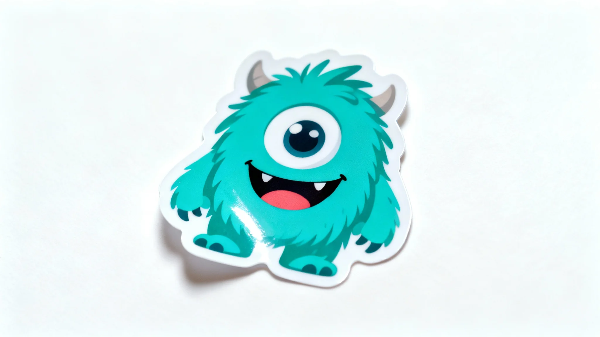 A glossy, die-cut sticker of a friendly, one-eyed teal cartoon monster on a plain white background, showing off its custom shape and high-quality finish.