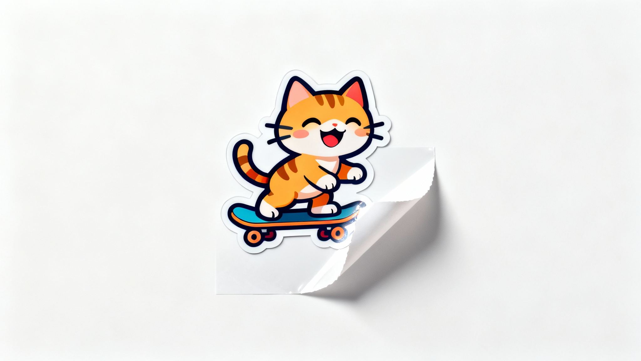 A photorealistic mockup of a glossy die-cut sticker featuring a cute cat on a skateboard, peeling slightly from its backing on a clean white background.