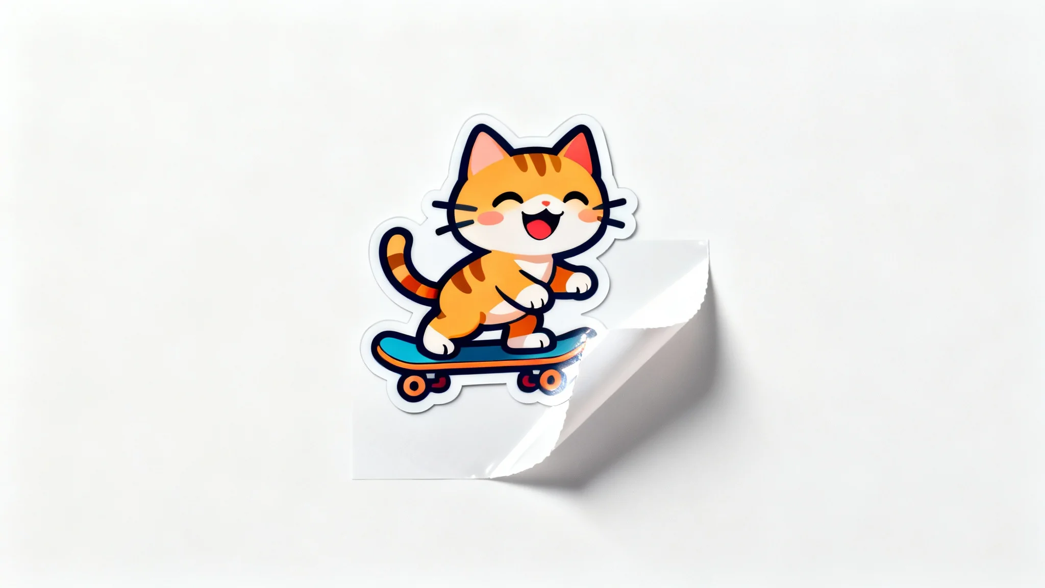 A photorealistic mockup of a glossy die-cut sticker featuring a cute cat on a skateboard, peeling slightly from its backing on a clean white background.