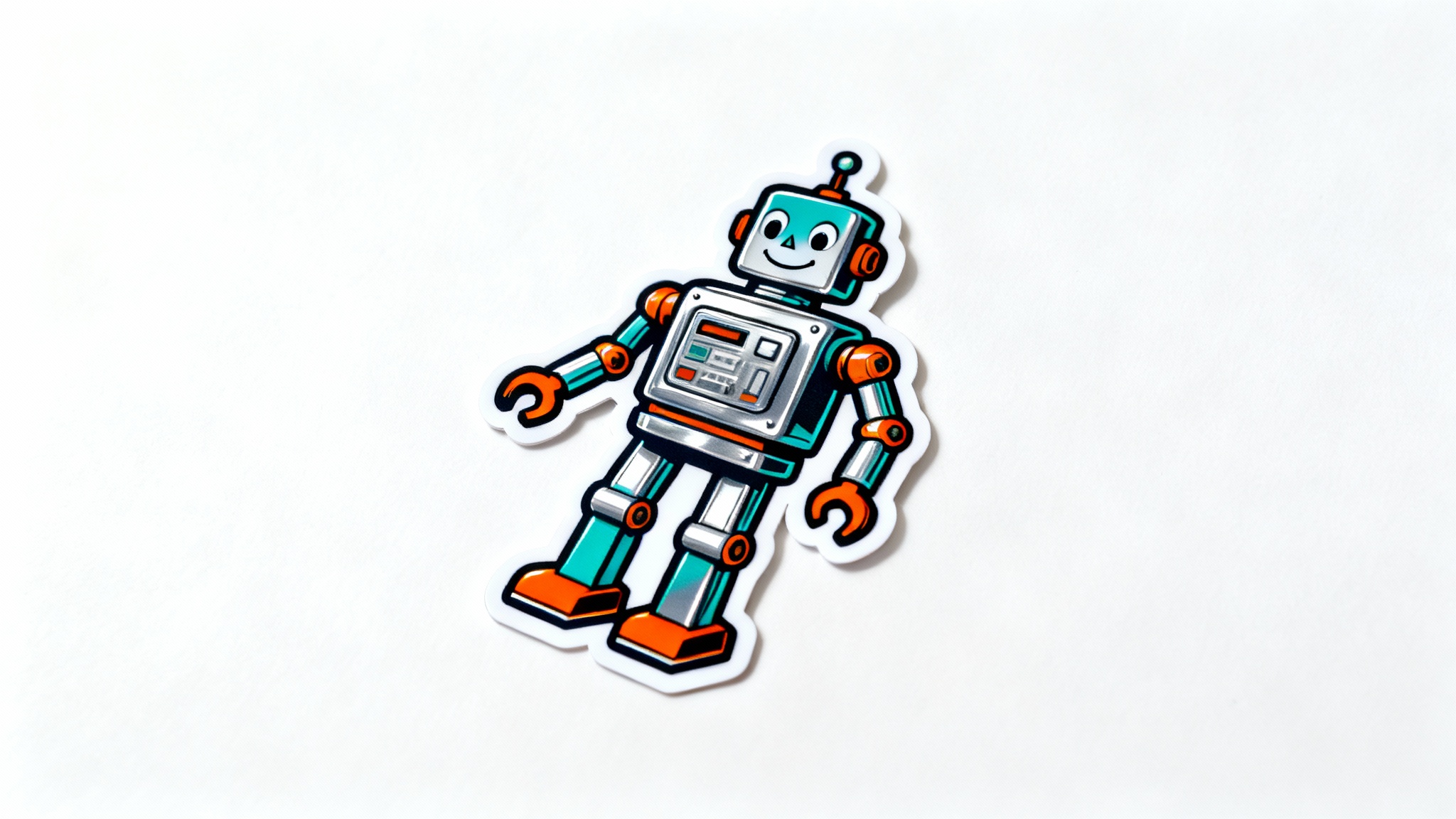 A colorful die-cut sticker of a friendly vintage robot with a glossy finish, isolated on a plain white background.