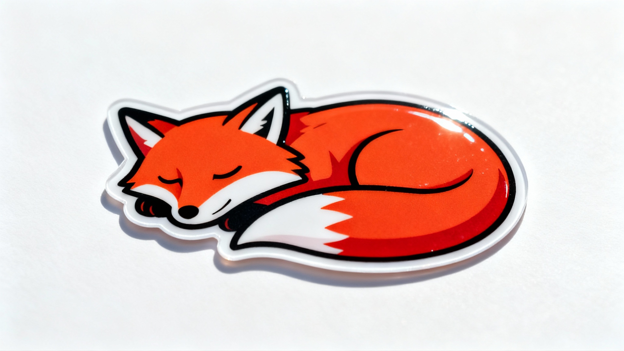 A close-up product photo of a glossy, die-cut sticker shaped like a sleeping cartoon fox on a plain white background.