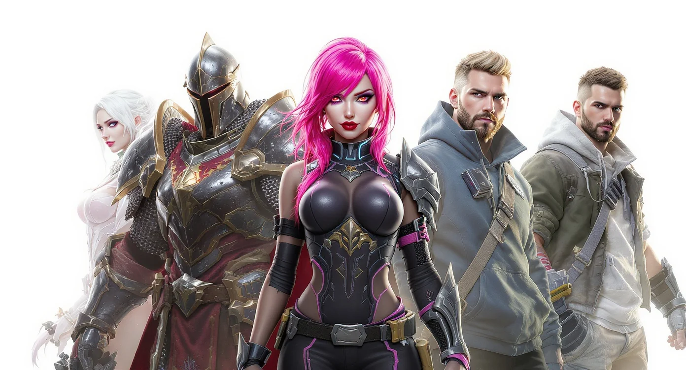 A collection of diverse 3D rendered avatars on a white background, with a central female cyberpunk character, a fantasy knight, and a character in modern clothes, representing personalized avatar generation.