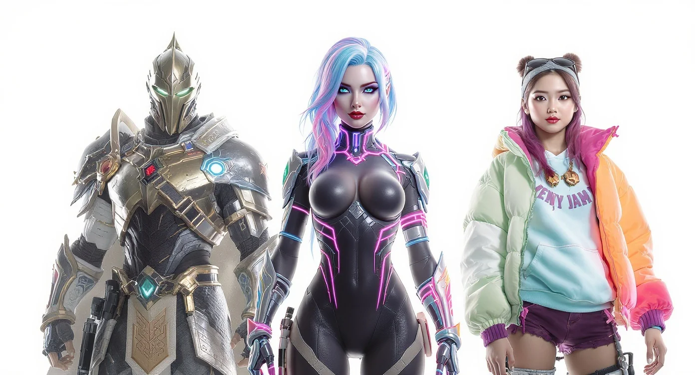 A showcase of three diverse, high-quality 3D avatars—a cyberpunk female, a fantasy warrior, and a trendy character—standing against a white background to represent personalization.