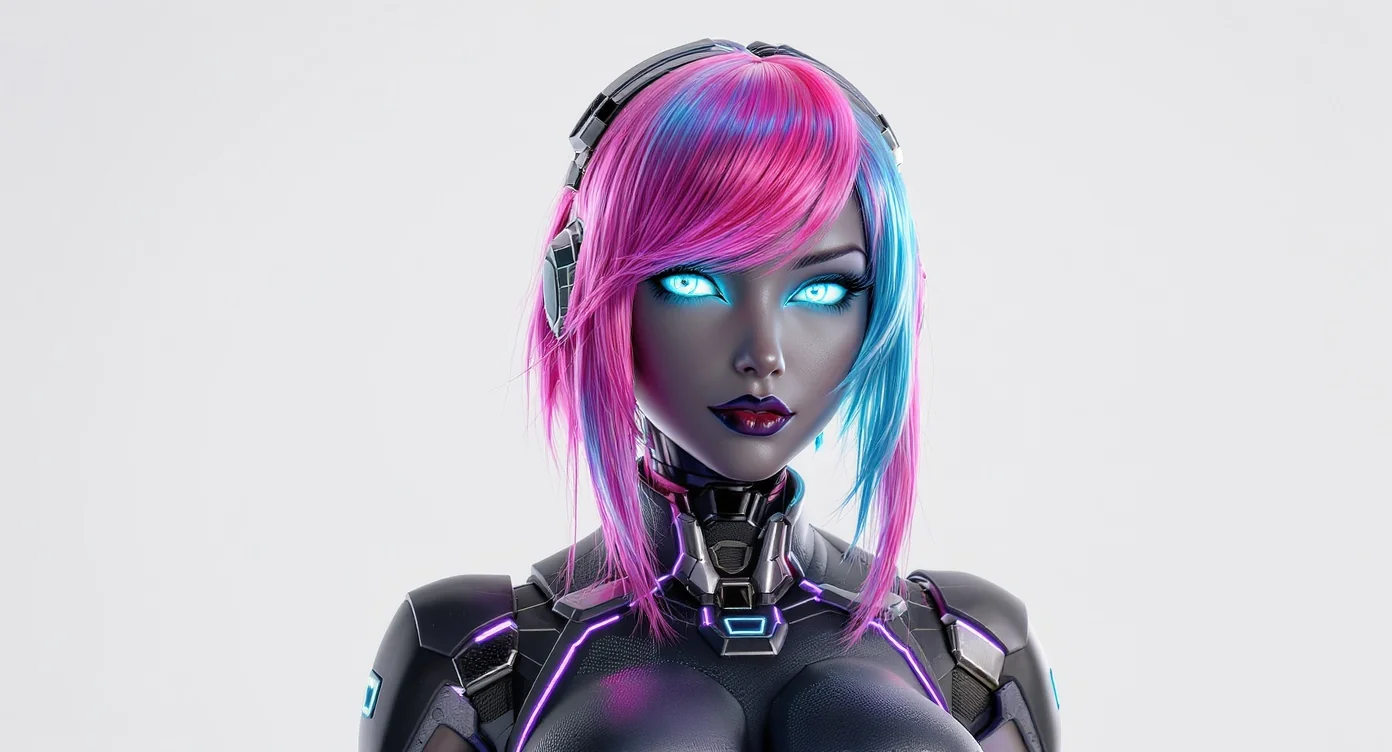 A hyper-realistic 3D render of a futuristic female gaming avatar's head and shoulders against a white background, showcasing personalization options with glowing hair and cybernetic gear.