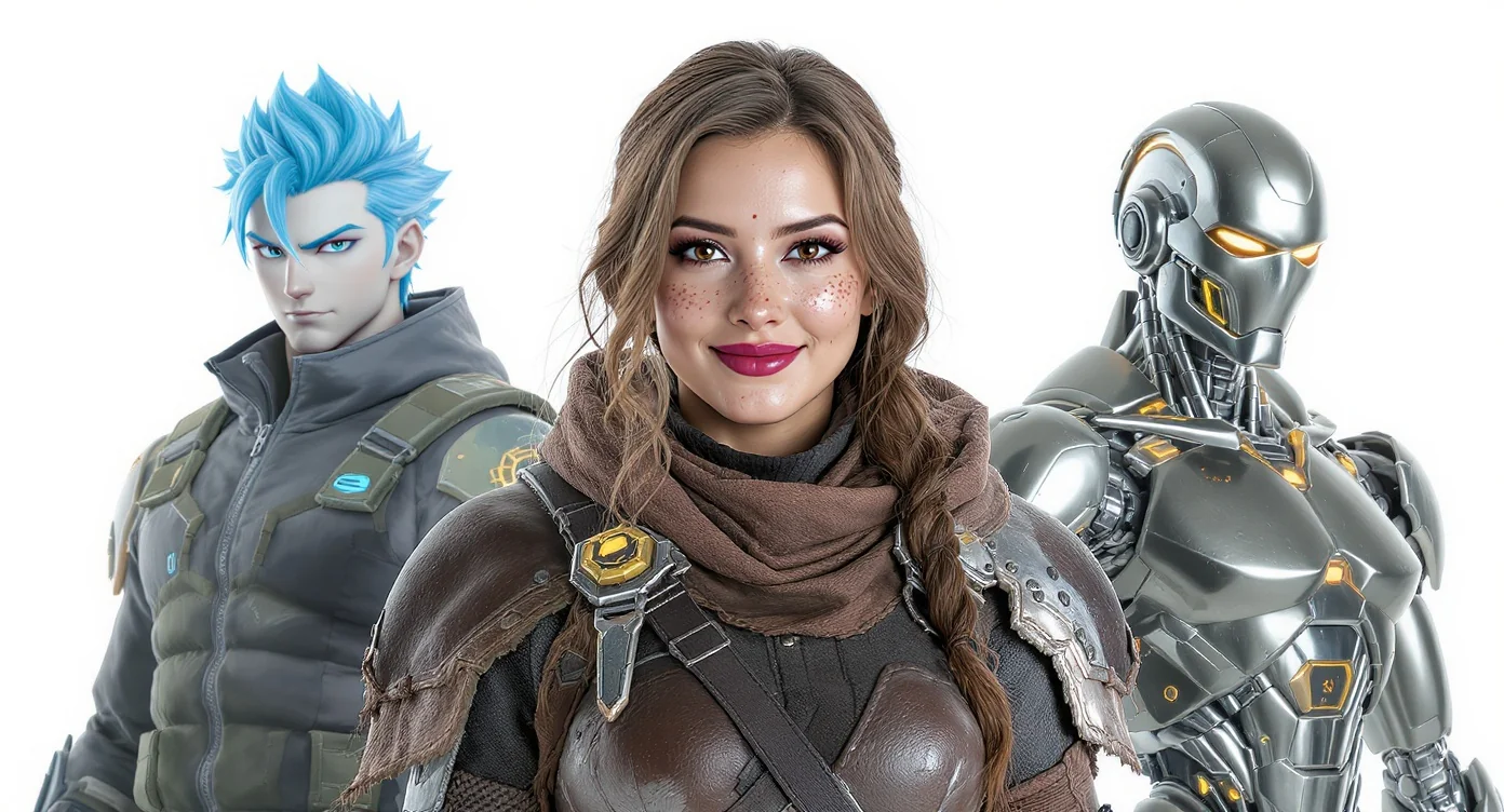 Three diverse, full-body 3D avatars standing in a row on a white background, representing personalization options. The avatars include a realistic female adventurer, a stylized anime character, and a sci-fi cyborg.