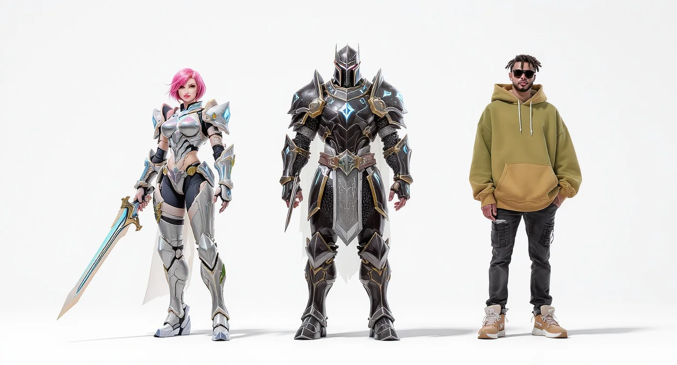 Three distinct 3D avatars stand in a line against a white background: a female sci-fi character, a male fantasy knight, and a person in modern streetwear, showcasing avatar personalization.