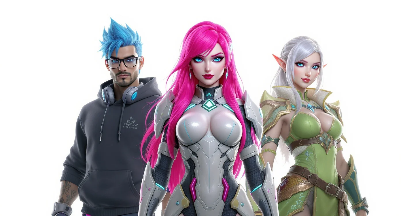 A showcase of three diverse, personalized 3D avatars against a white background. The avatars include a male character in a hoodie, a female character in futuristic armor, and a fantasy character with pointed ears, highlighting creative possibilities for gaming and virtual profiles.