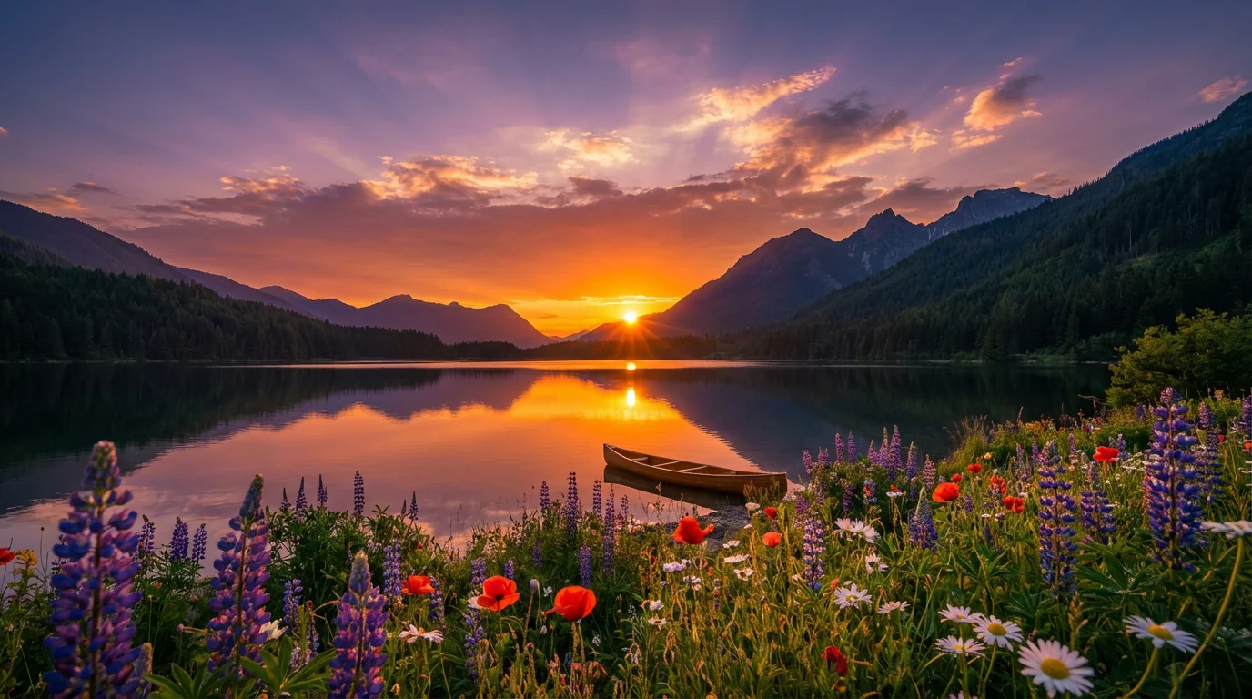 A hyper-realistic, professional photograph of a stunning sunset over a serene lake, with vibrant colors reflecting on the water. Lush mountains frame the background, and detailed wildflowers are visible in the foreground, creating a beautiful and tranquil landscape scene.