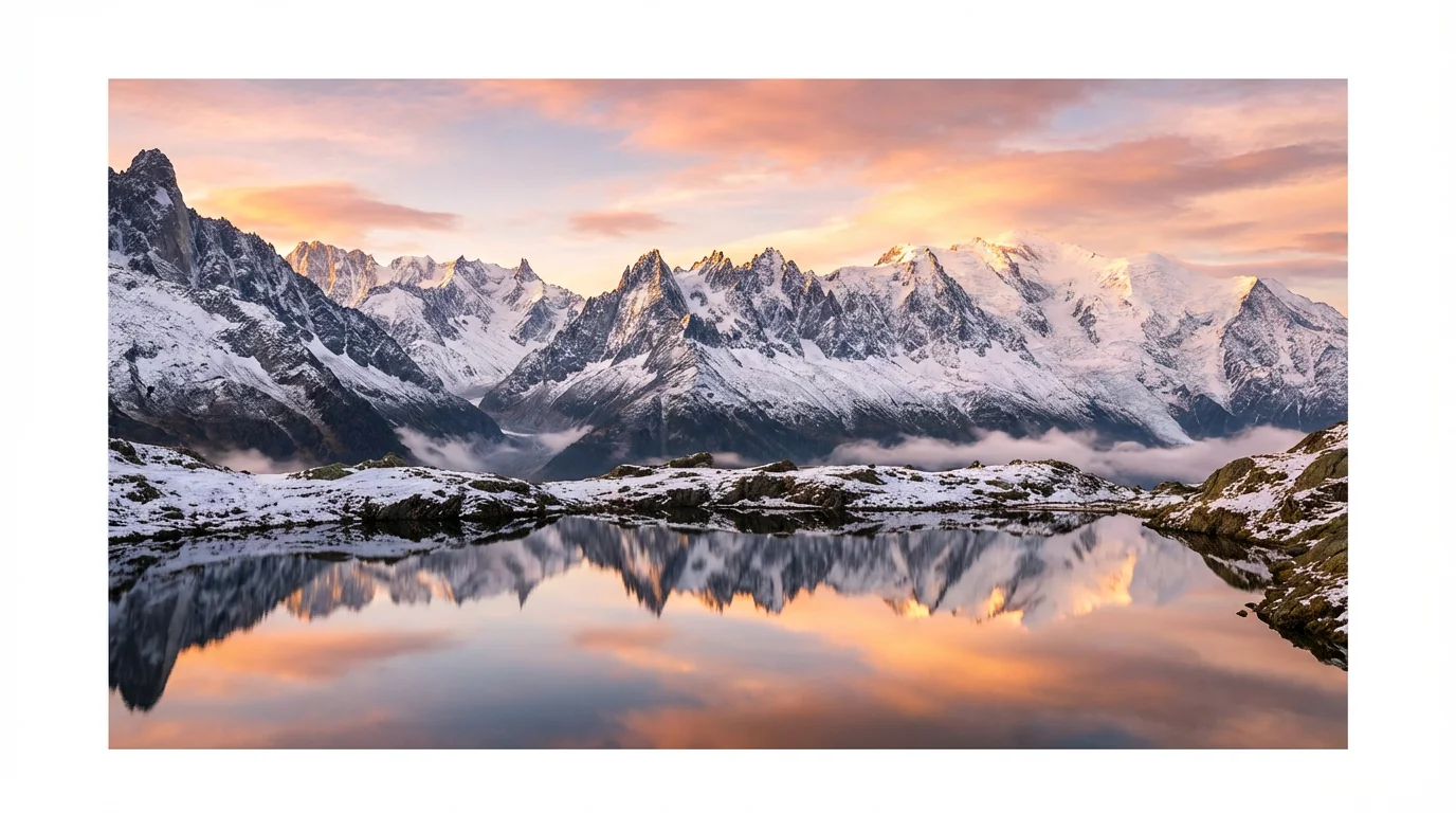 A serene sunrise over a majestic mountain range, with the golden sky and snow-capped peaks perfectly reflected in a crystal-clear alpine lake.