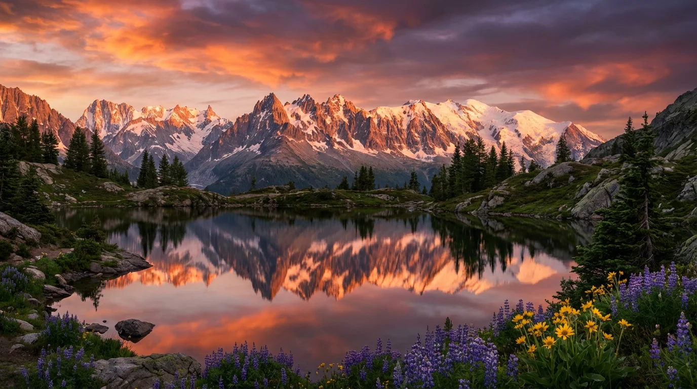A breathtaking, photorealistic landscape of a mountain range at sunset, with its snow-capped peaks and the colorful sky reflected perfectly in a serene lake in the foreground.