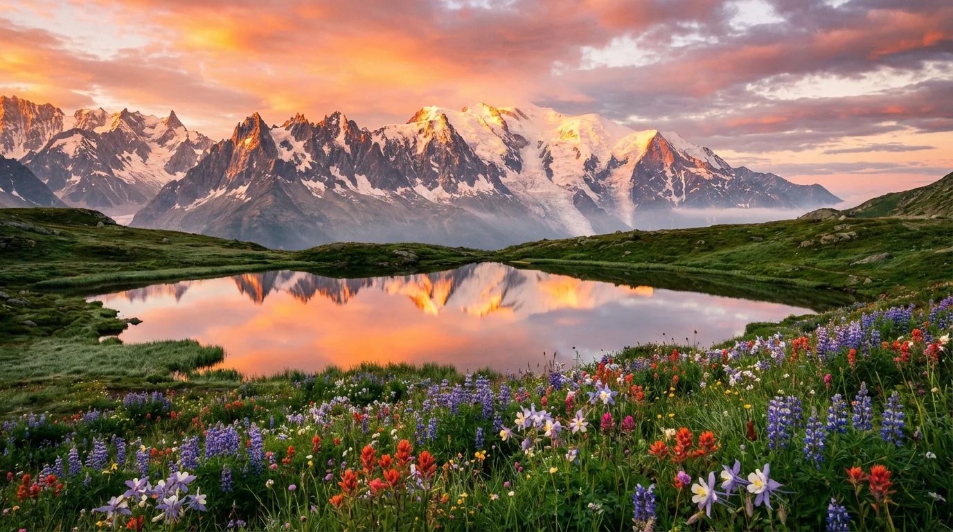 A breathtaking, photorealistic scenery of a snow-capped mountain range at sunrise, with a clear alpine lake in the foreground reflecting the colorful sky.