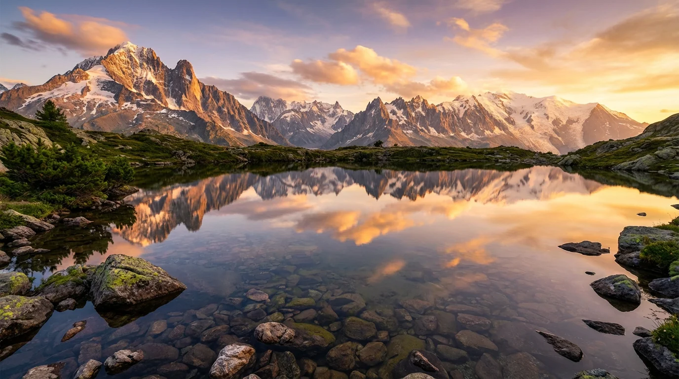 A breathtaking photorealistic image of a serene mountain landscape at sunset, with a clear lake reflecting the snow-capped peaks and colorful sky.