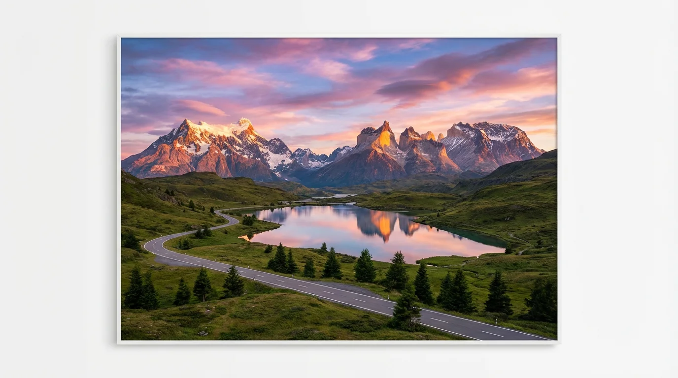 An awe-inspiring, photorealistic image of a mountain landscape at sunset, featuring snow-capped peaks, a clear lake reflecting the colorful sky, and a winding road through a green valley.