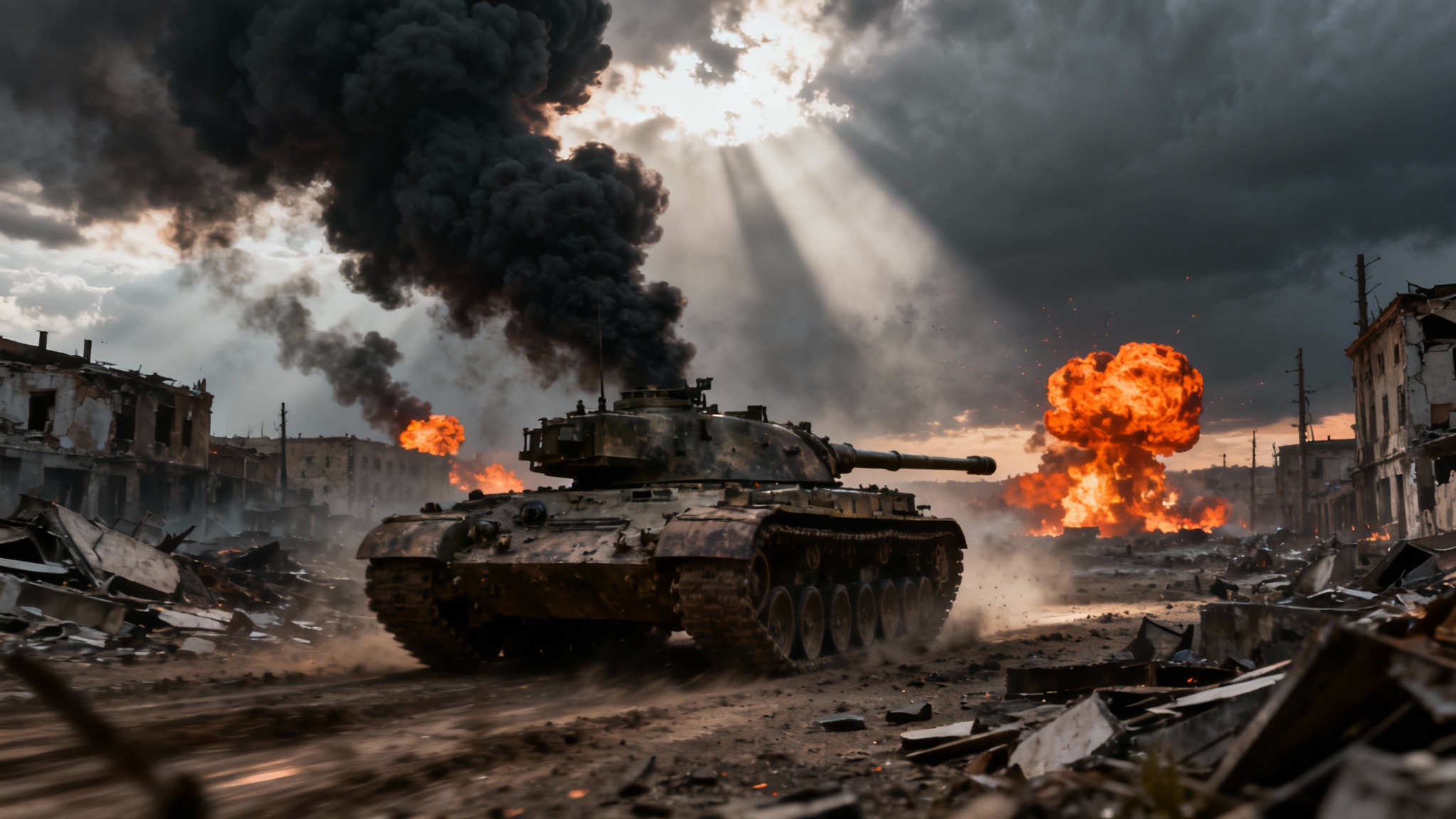 A highly realistic and cinematic image of a tank advancing through a war-torn city, with dramatic lighting, smoke, and explosions in the background, resembling a still from a major war movie.
