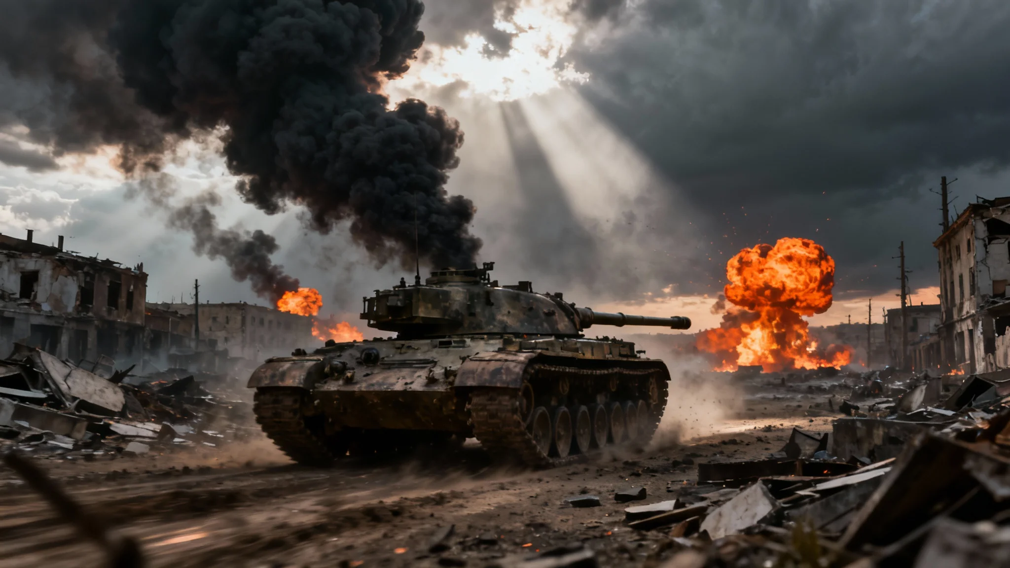 A highly realistic and cinematic image of a tank advancing through a war-torn city, with dramatic lighting, smoke, and explosions in the background, resembling a still from a major war movie.