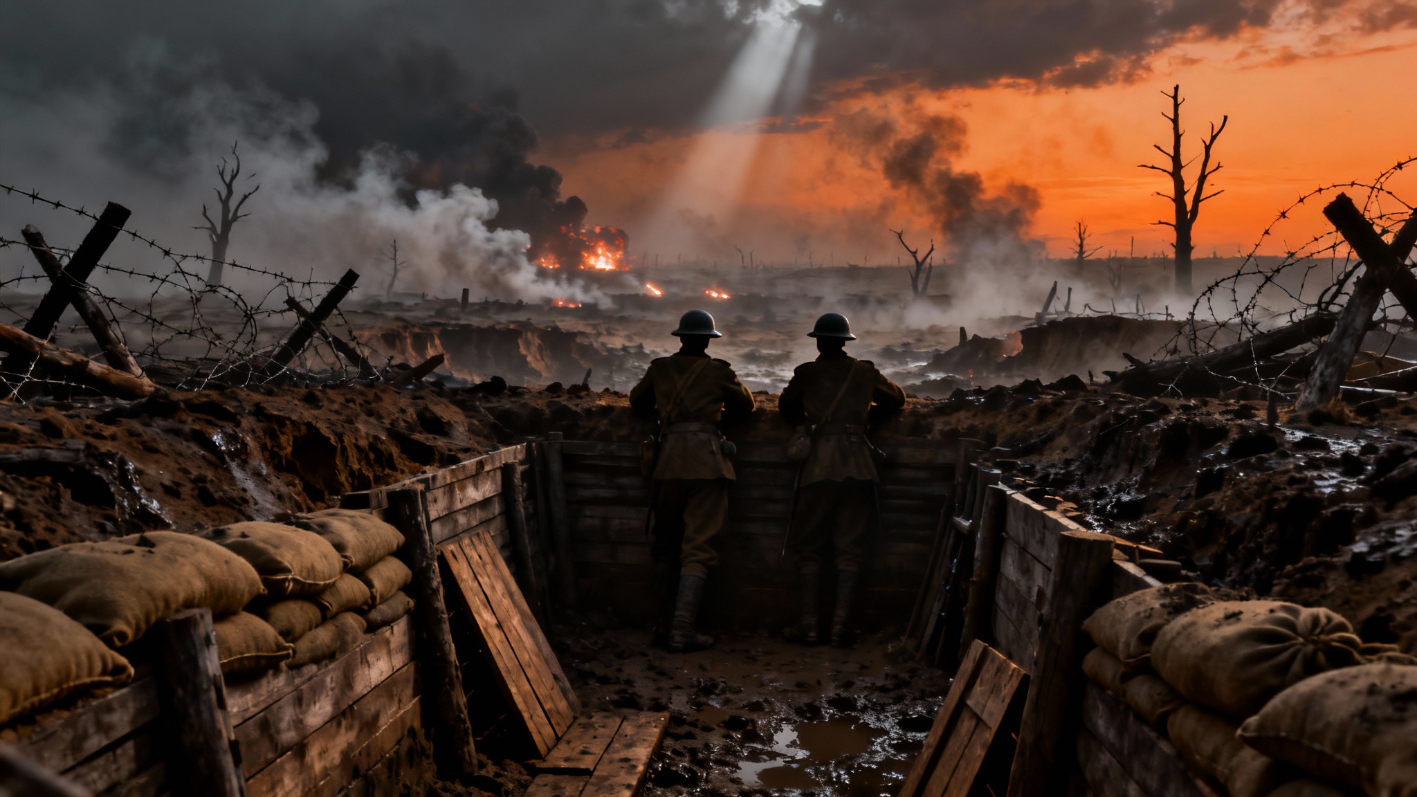 A dramatic, cinematic depiction of a World War I battlefield at dusk, showing two soldiers in a trench looking out over a smoky, desolate no man's land with explosions in the distance.