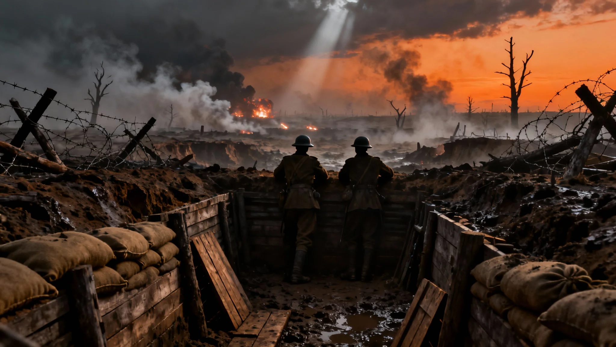 A dramatic, cinematic depiction of a World War I battlefield at dusk, showing two soldiers in a trench looking out over a smoky, desolate no man's land with explosions in the distance.