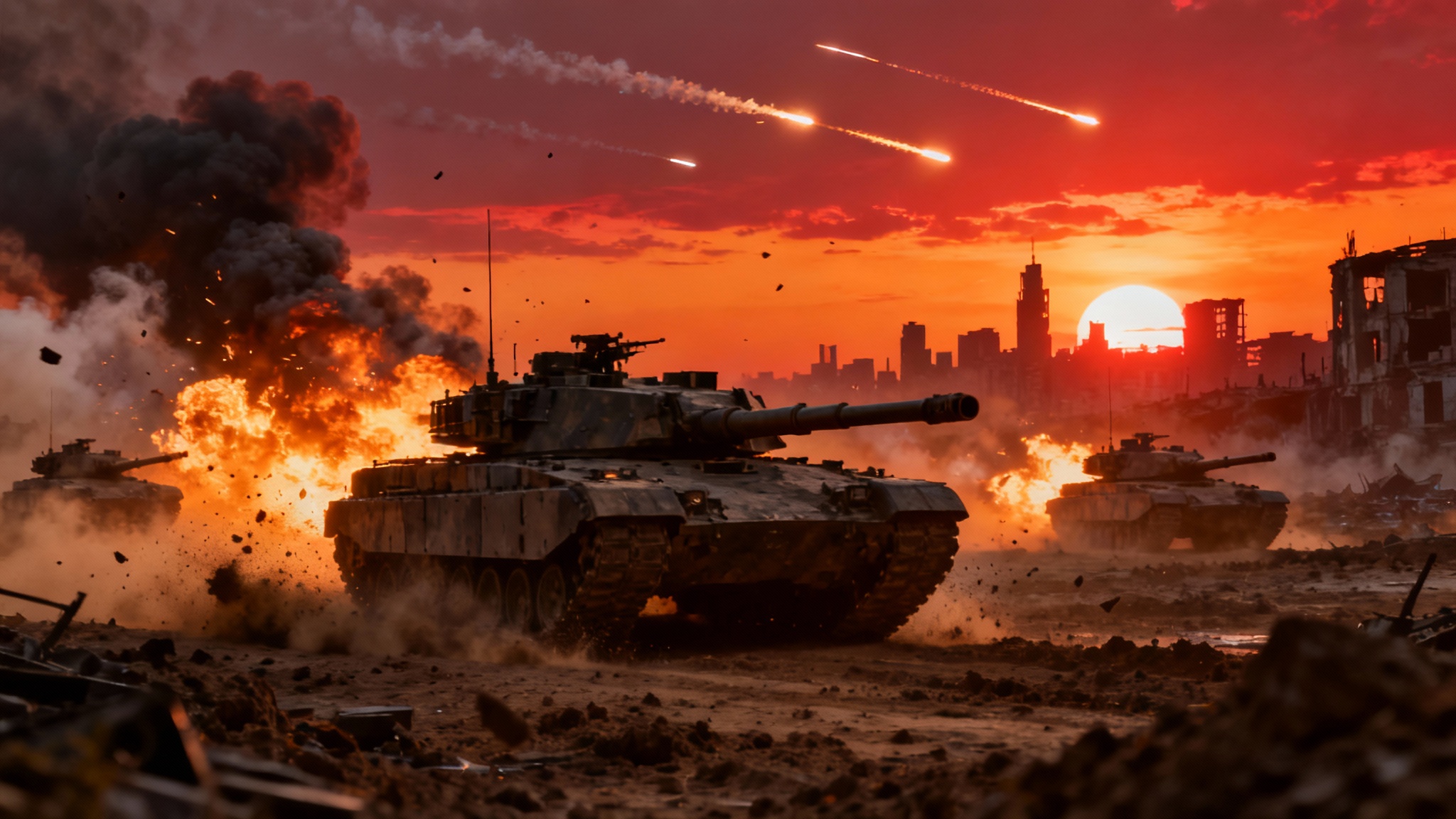 A dramatic and cinematic depiction of a modern battlefield at sunset, with tanks moving through smoke and explosions under a fiery sky, evoking the feel of a war movie.