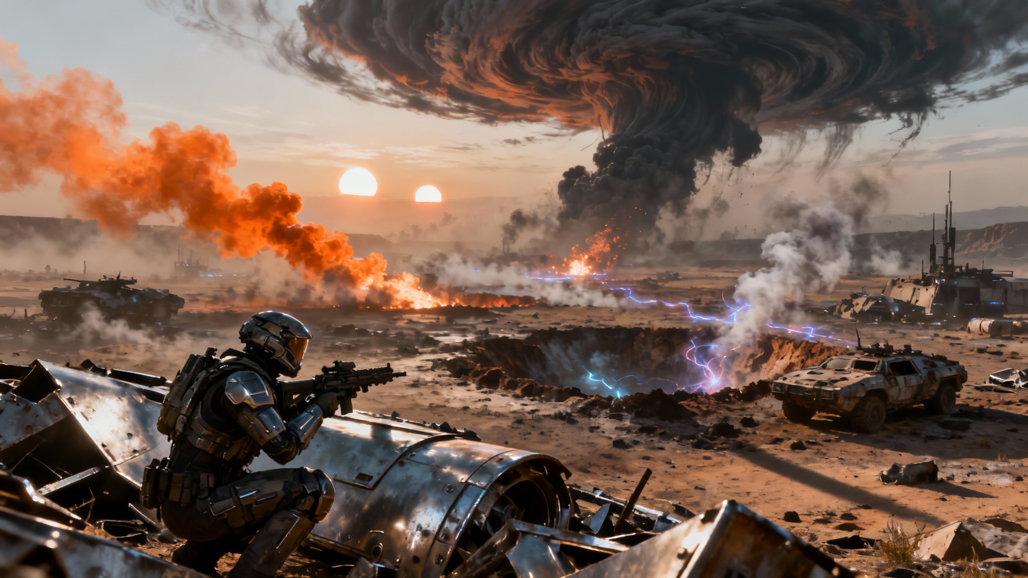 A cinematic and dramatic background of a futuristic warzone, featuring a soldier on a battlefield with explosions and a stormy, alien sky.