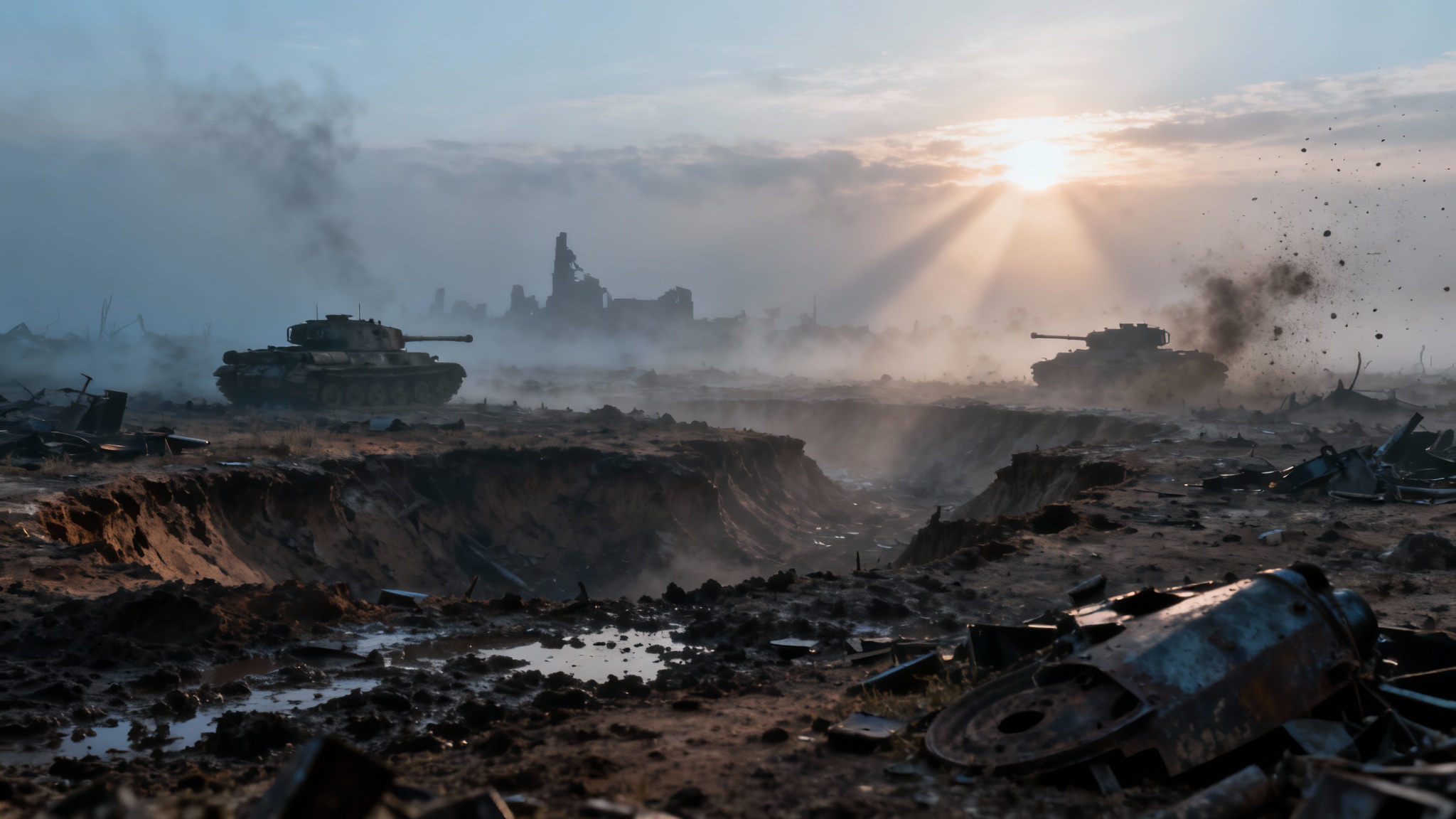 A cinematic and epic background of a war-torn battlefield at dawn, with thick fog, dramatic sun rays, and the silhouettes of destroyed tanks and structures.