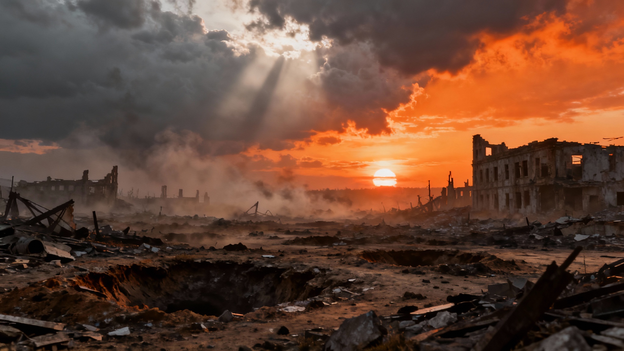 A dramatic, cinematic image of a desolate battlefield at sunset, with smoke-filled air and ruined structures, conveying an epic and somber mood.