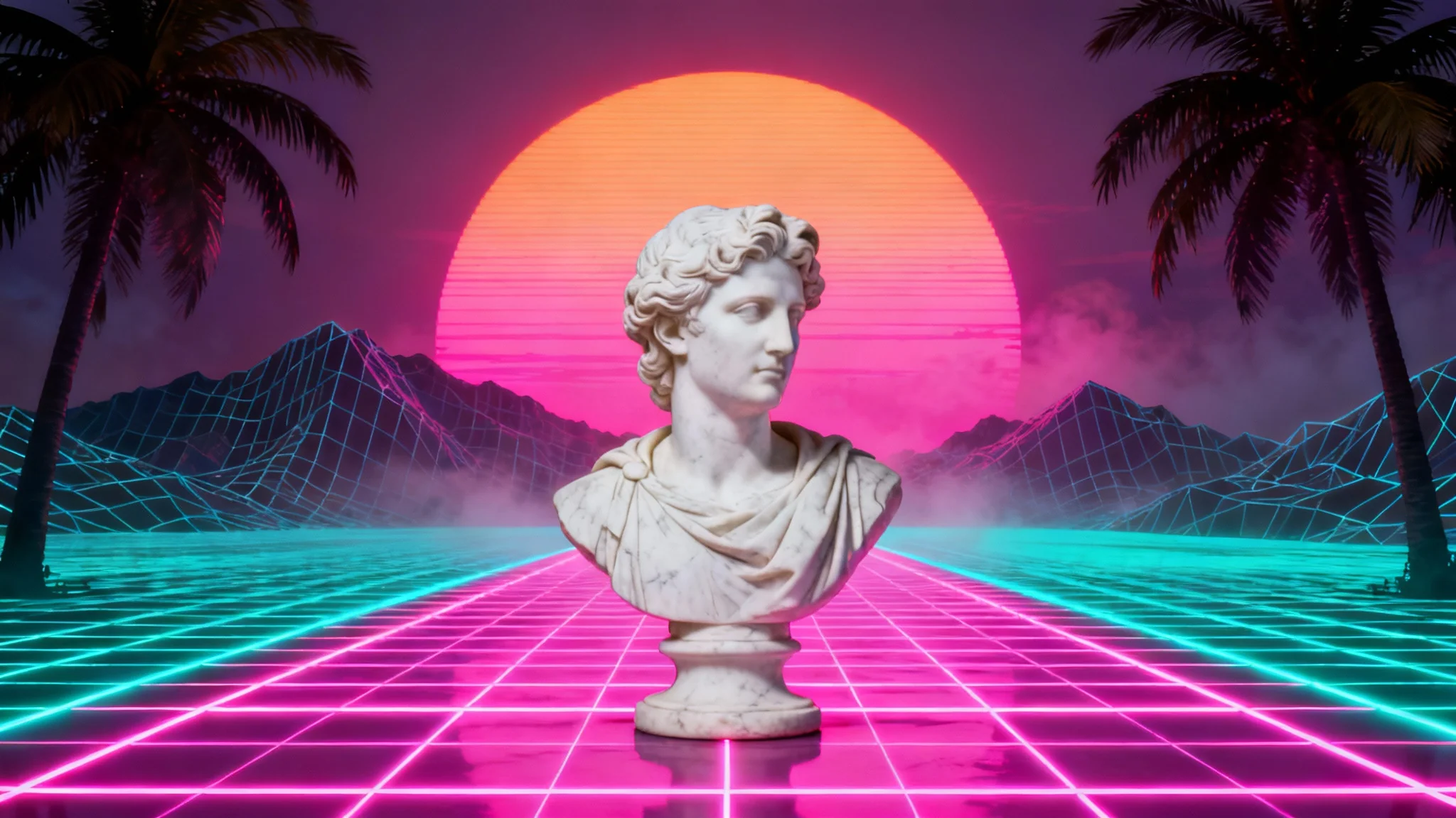 A surreal vaporwave landscape featuring a classical Roman statue bust on a glowing neon grid floor, with a digital sunset and silhouetted palm trees in the background, in a pink and blue color palette.