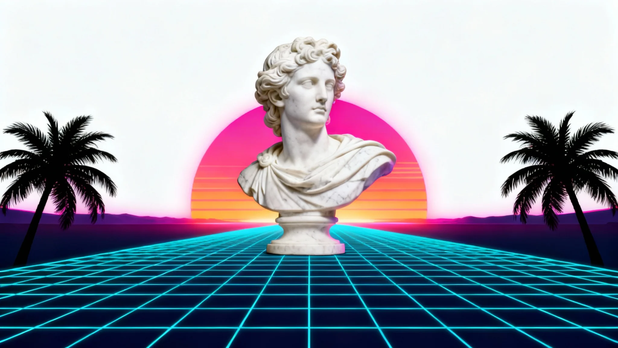 A vaporwave art piece featuring a Roman bust against a neon sunset with palm trees and a digital grid, all set against a clean white background.