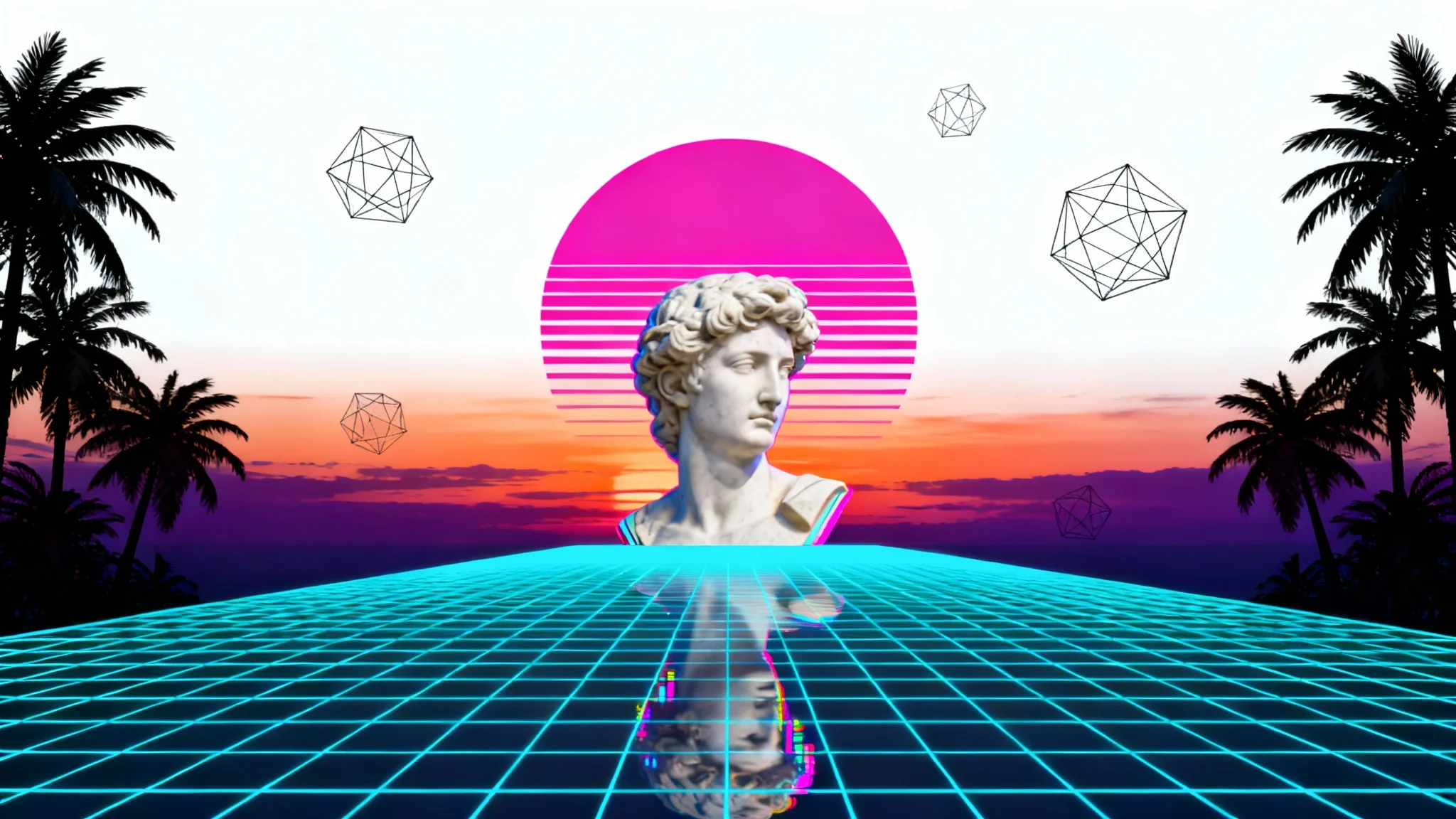 A vaporwave art mockup showing a neon grid floor leading to a digital sunset, with a glitching Roman statue and palm tree silhouettes.