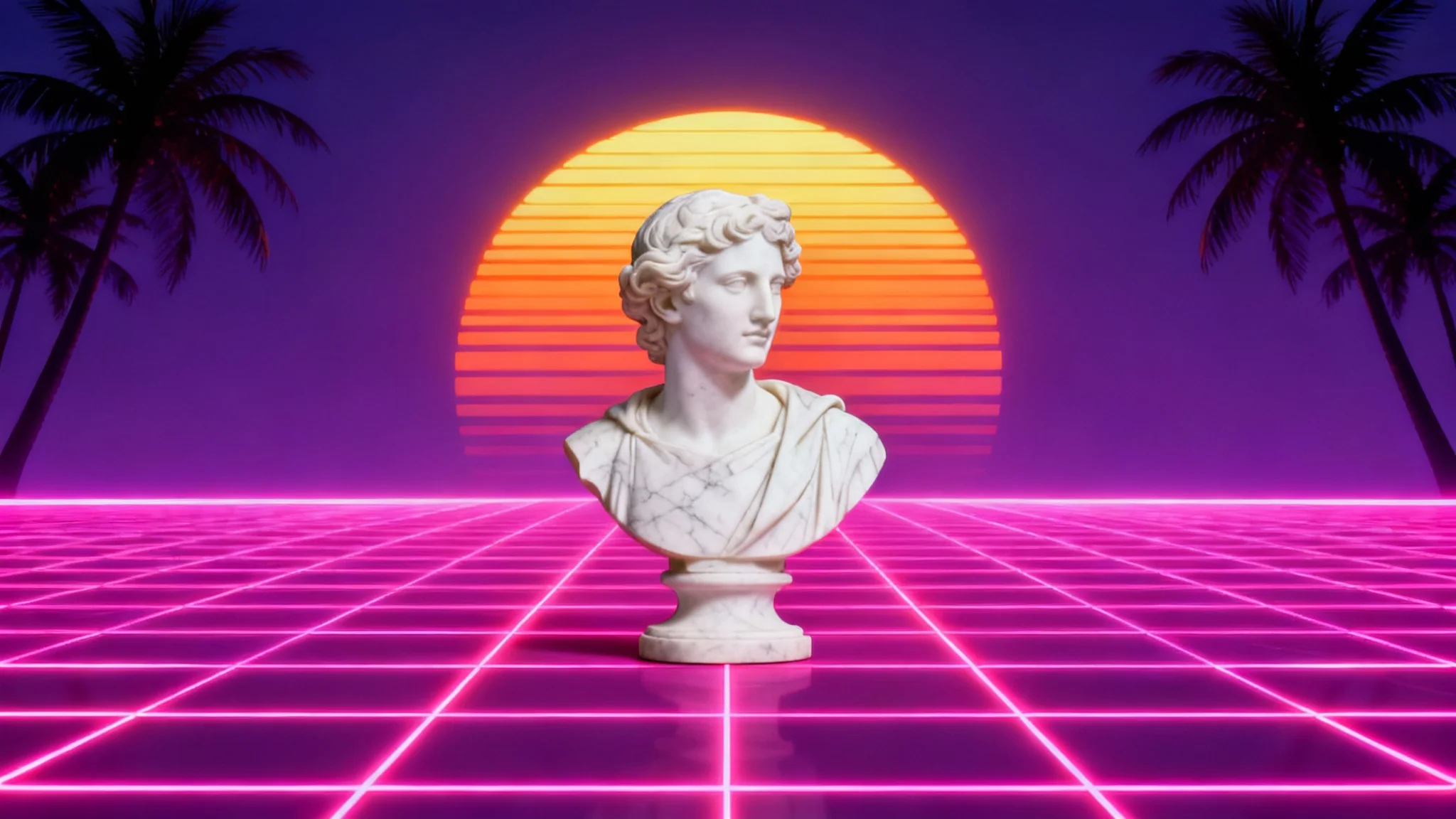 A vaporwave style digital artwork showing a white Roman bust on a magenta neon grid, with a stylized setting sun and silhouetted palm trees in the background, conveying a retro-futuristic and nostalgic mood.
