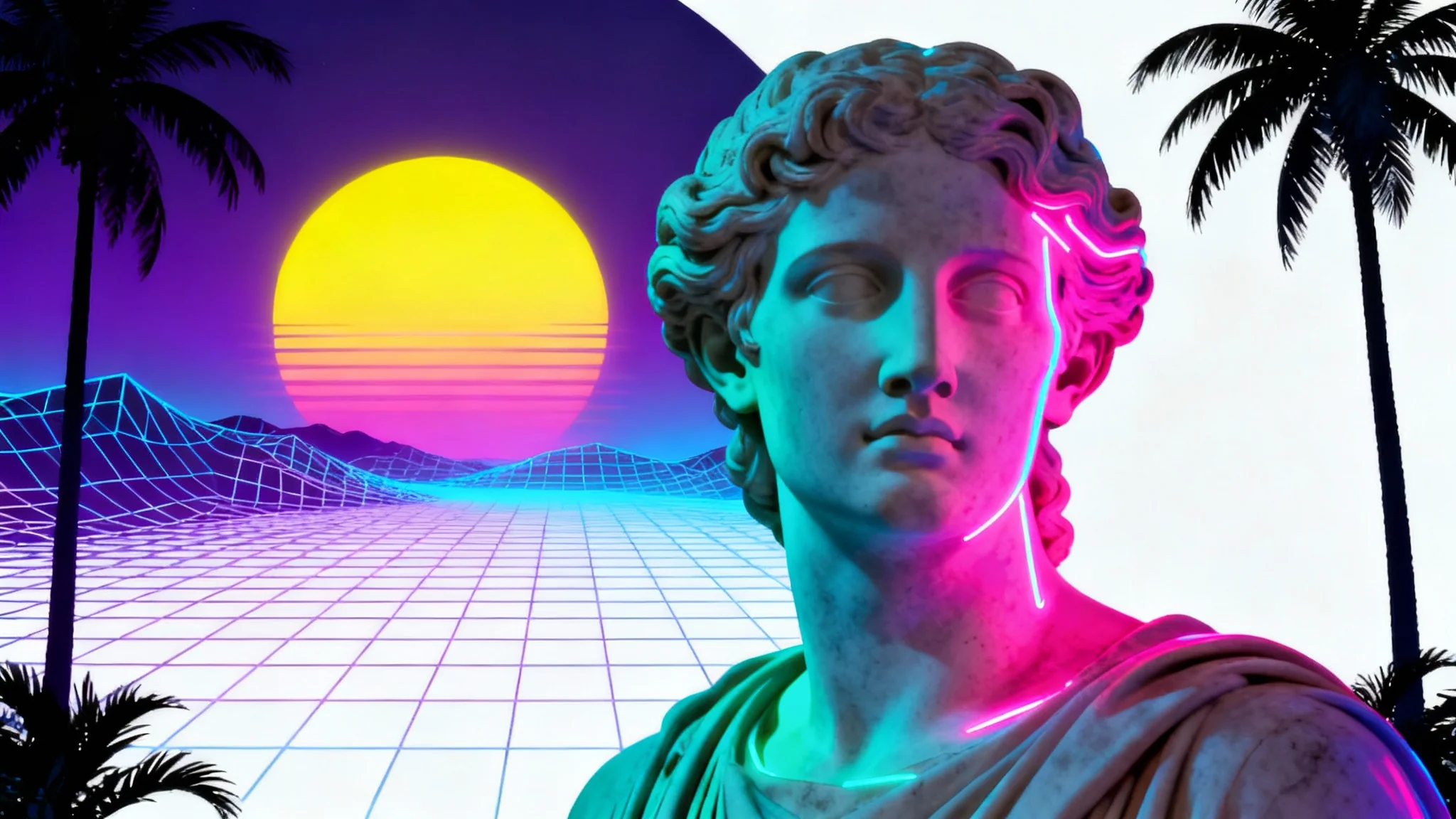 A vaporwave art mockup showing a glowing Roman statue bust in front of a digital sunset with a wireframe grid and palm trees, all set against a plain white background.