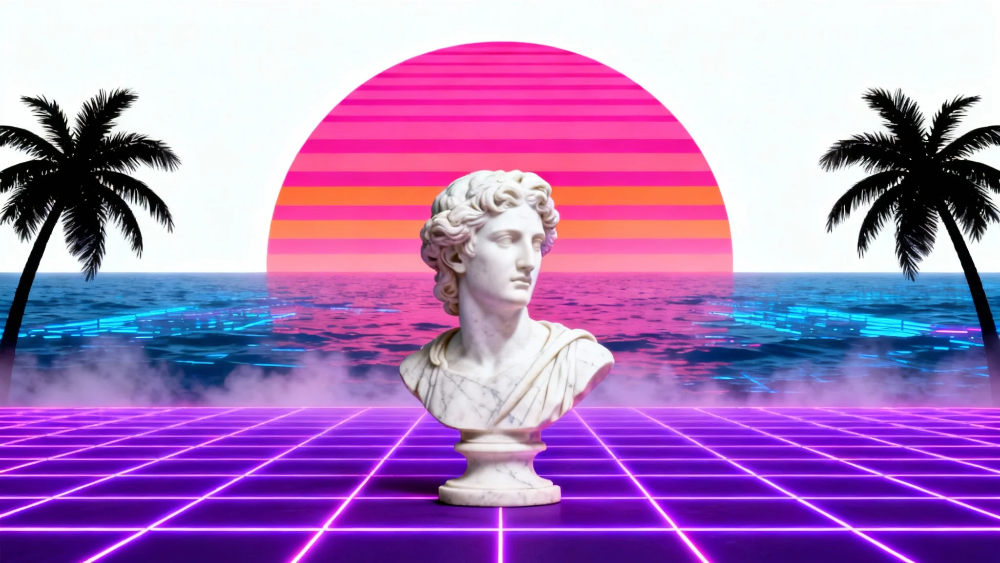 A piece of vaporwave art featuring a classical marble bust against a surreal backdrop of a striped setting sun and a purple neon grid landscape, with palm tree silhouettes.