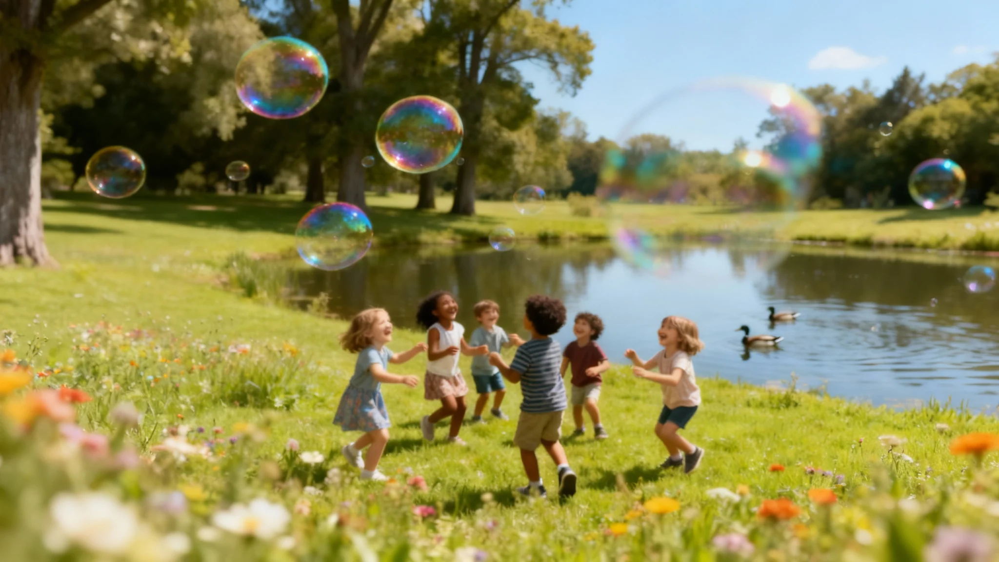 A high-quality photograph showing the final result of adding a bubble effect to a picture of children playing in a sunny park.