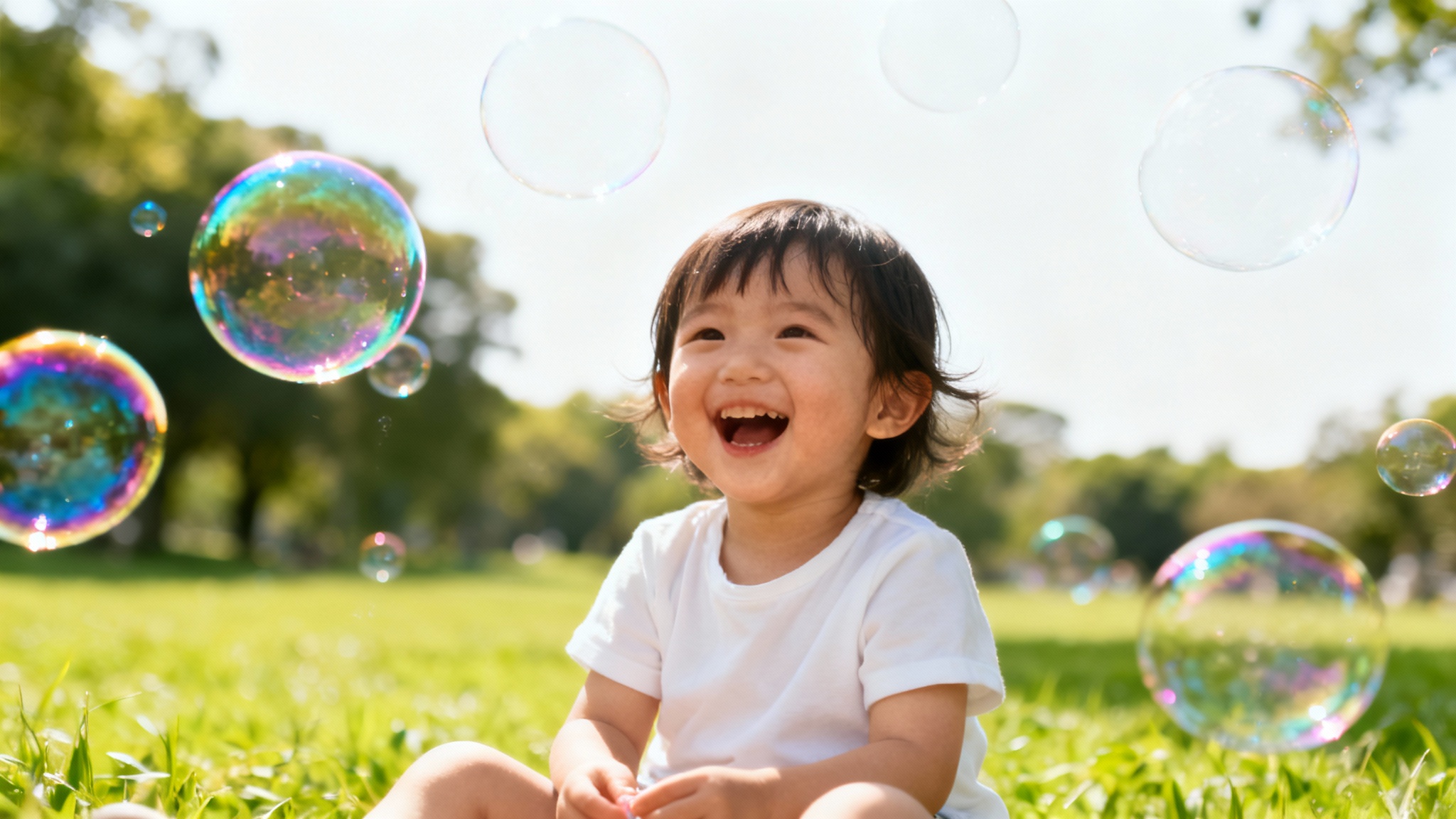 A photorealistic mockup showing a photo of a happy child in a park, with magical, shimmering soap bubbles digitally added around them, set against a white background.