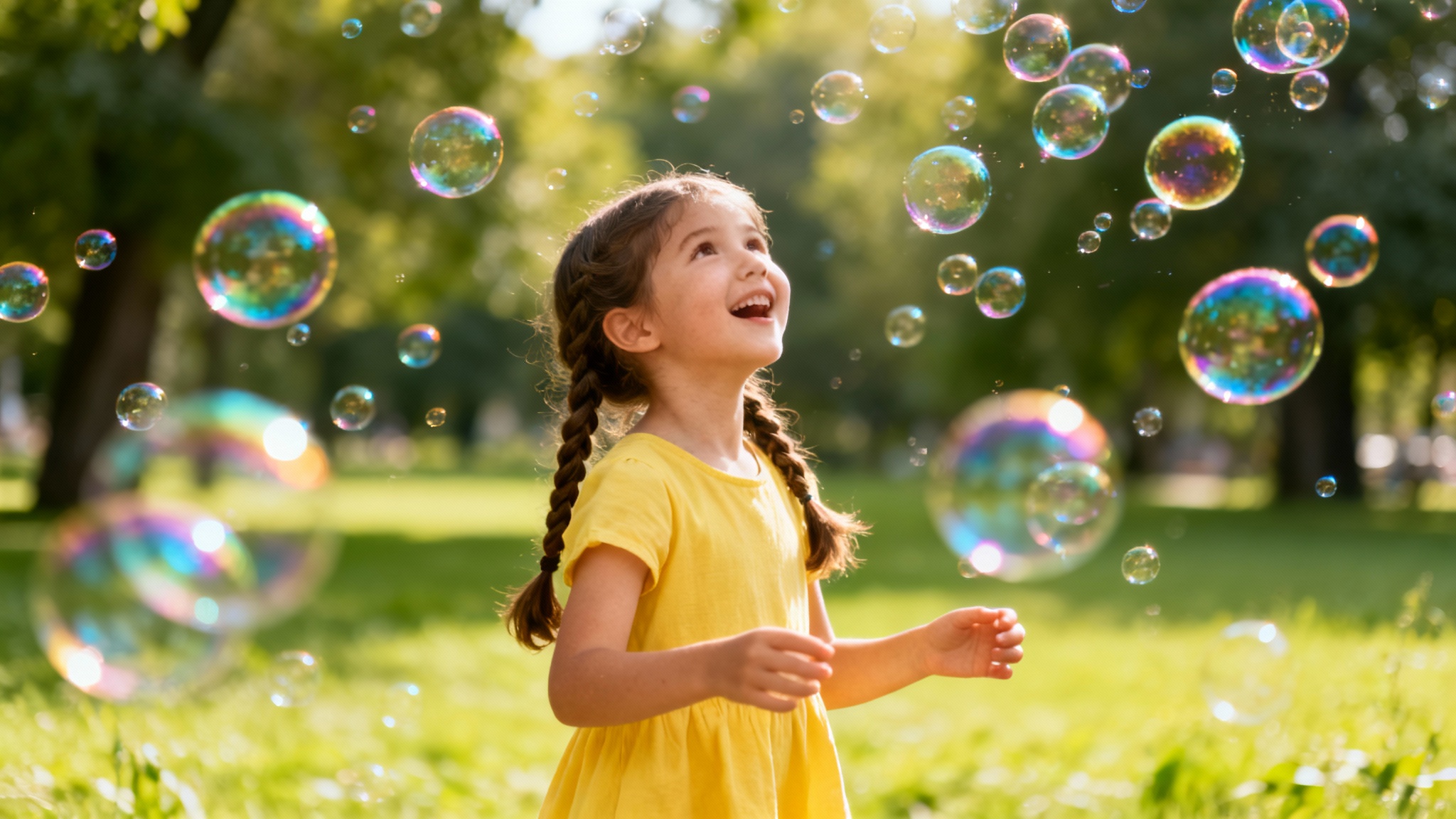 A joyful young girl in a yellow dress stands in a park, surrounded by magical, shimmering soap bubbles of all sizes, isolated against a clean white background.