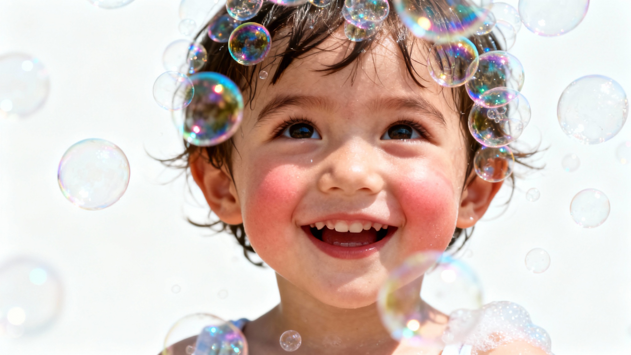 A photorealistic image of a happy child's face surrounded by a multitude of shimmering, colorful soap bubbles added to the photo, set against a white background.