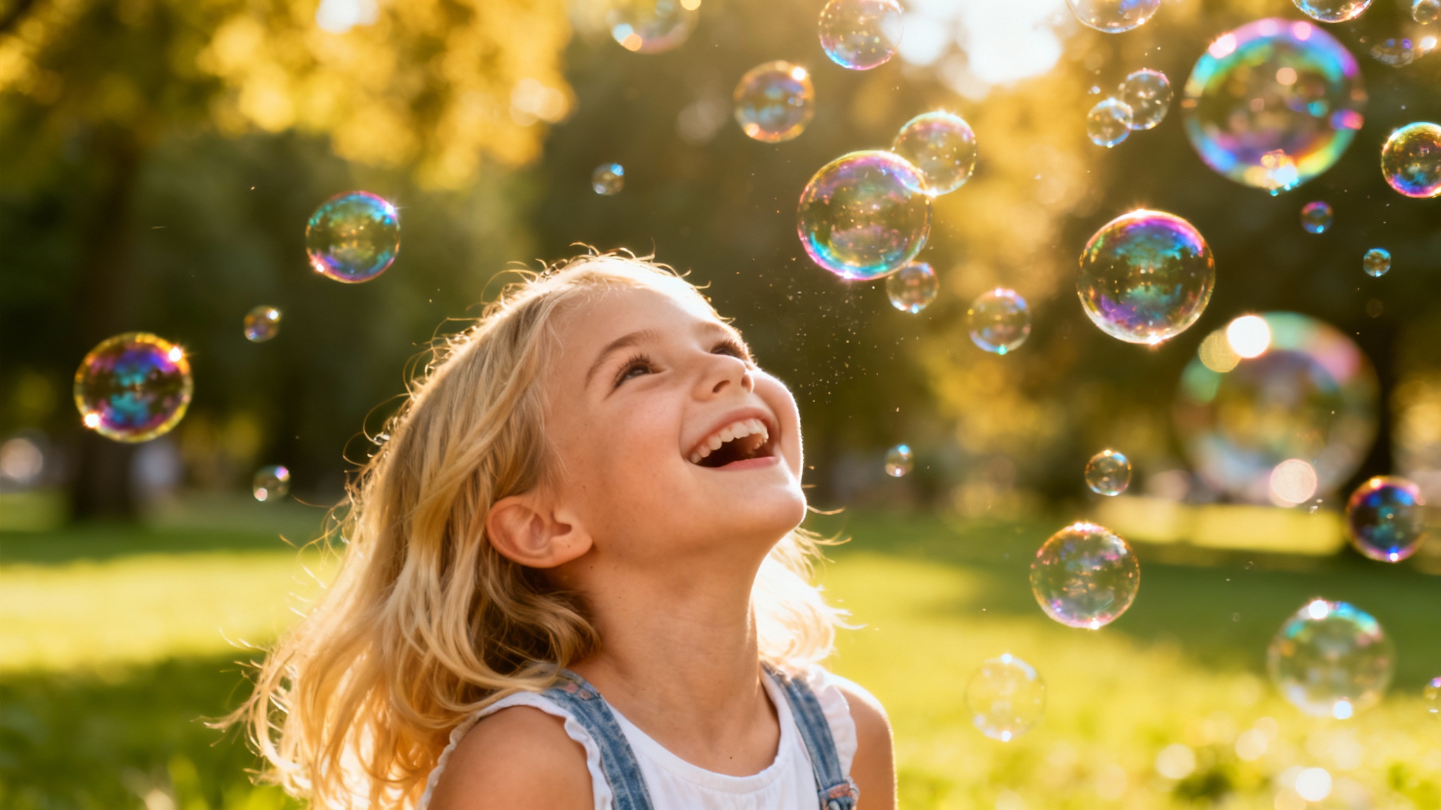 A young girl laughs joyfully in a park, surrounded by a magical swirl of colorful, shimmering bubbles added to her photo.