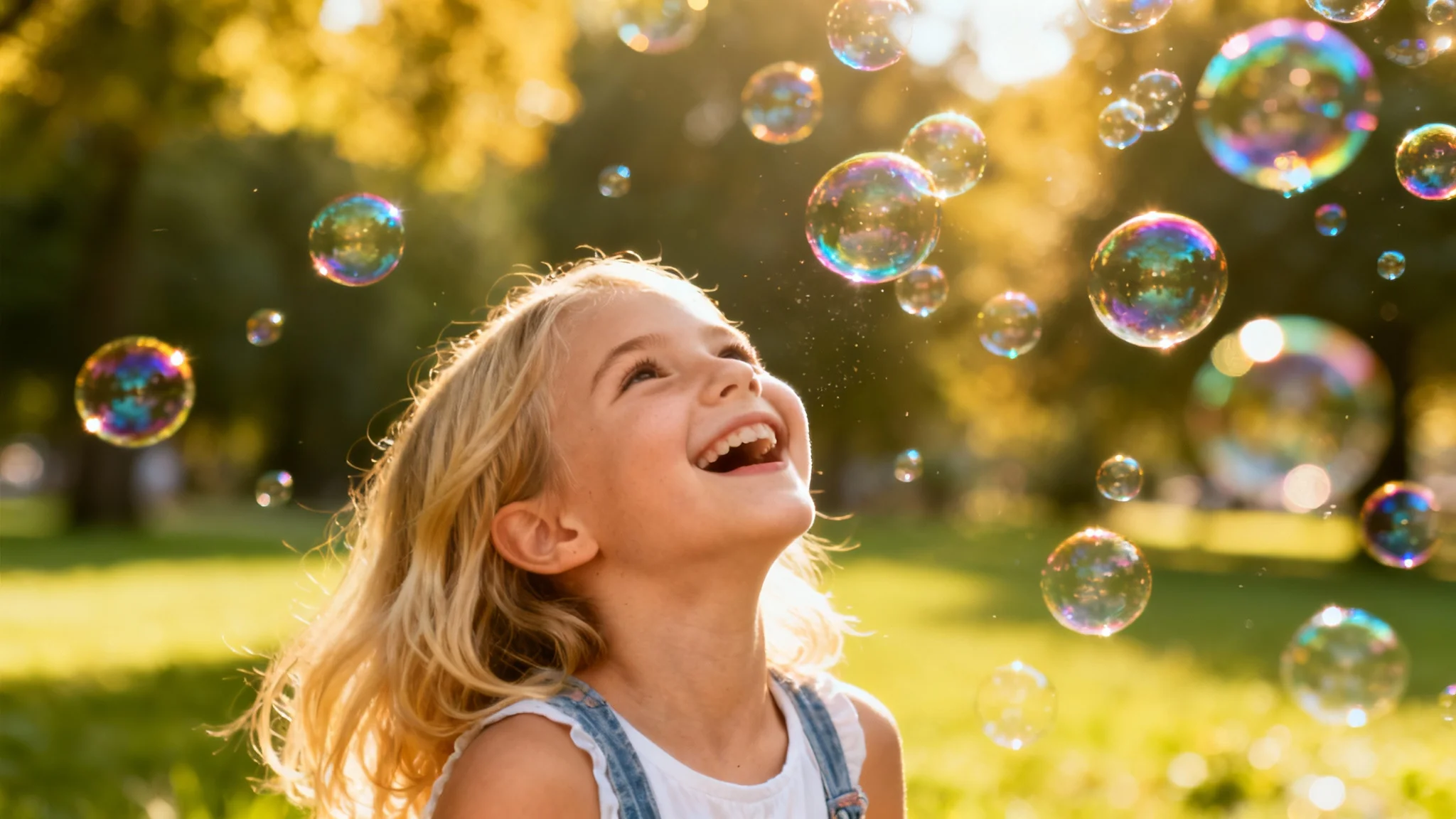 A young girl laughs joyfully in a park, surrounded by a magical swirl of colorful, shimmering bubbles added to her photo.