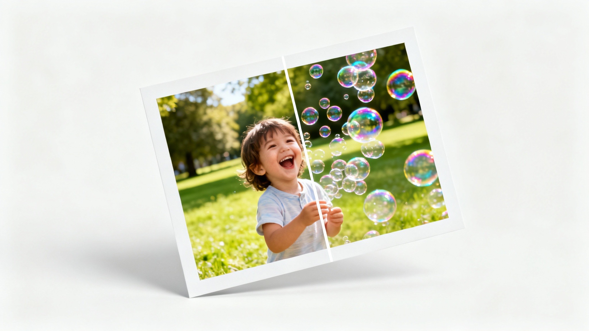 A before-and-after style photograph showing a child in a park. The right half of the photo is magically filled with beautiful, iridescent soap bubbles, illustrating a photo editing effect.