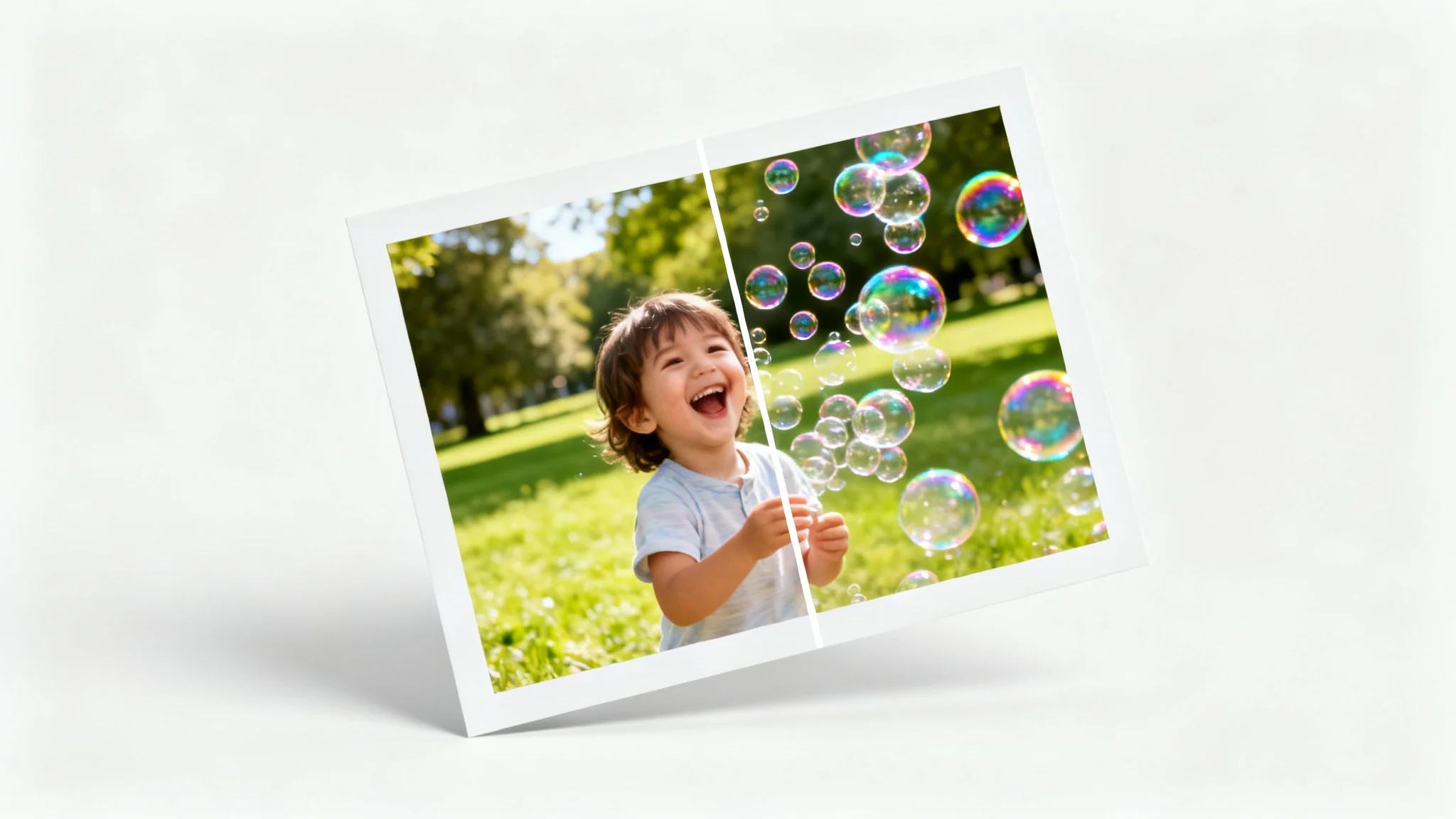 A before-and-after style photograph showing a child in a park. The right half of the photo is magically filled with beautiful, iridescent soap bubbles, illustrating a photo editing effect.